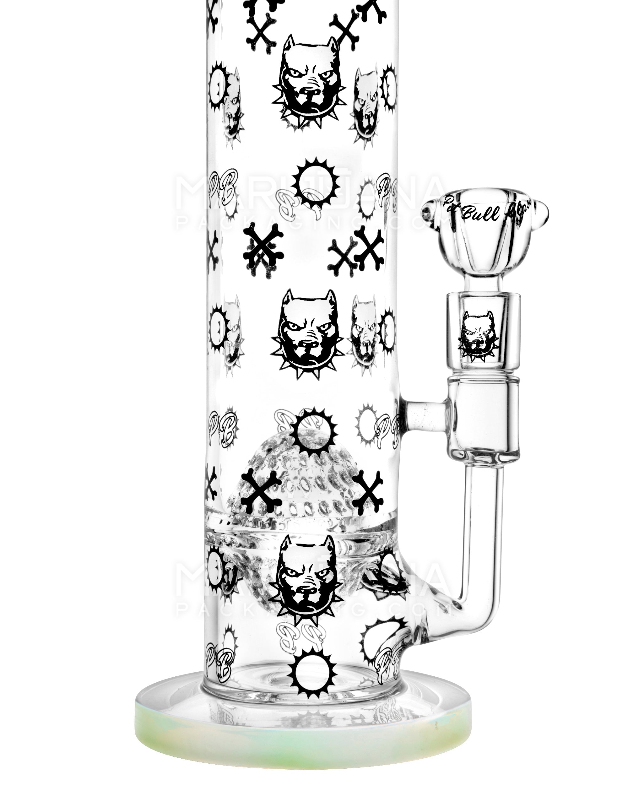 PIT BULL | Decal Straight Neck Honeycomb Sphere Perc Glass Water Pipe w/ Thick Base | 14in Tall - 14mm Bowl - Slime - 4