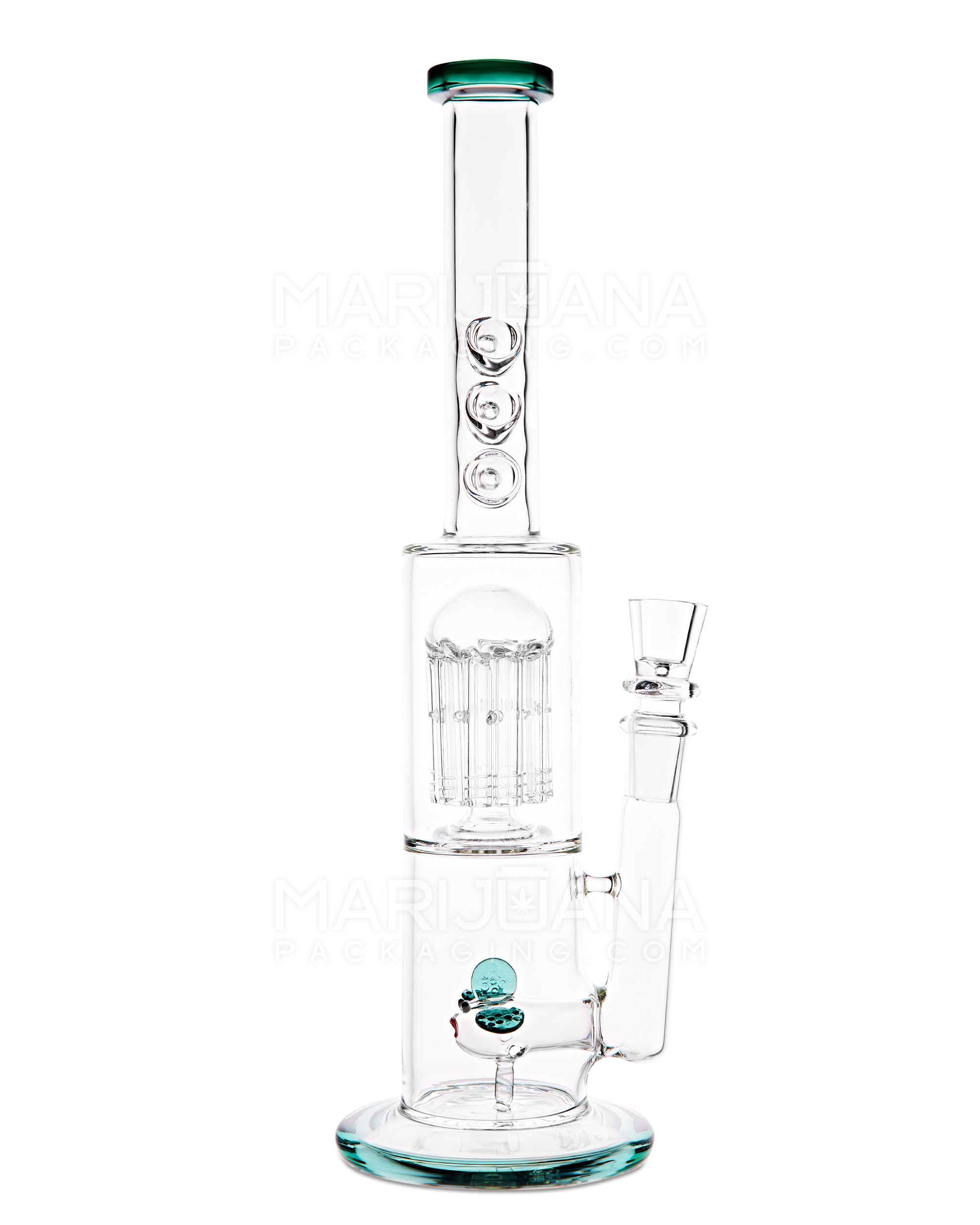 Double Chamber | Straight Neck Tree & Fish Perc Glass Water Pipe w/ Ice Catcher | 14in Tall - 18mm Bowl - Assorted - 7