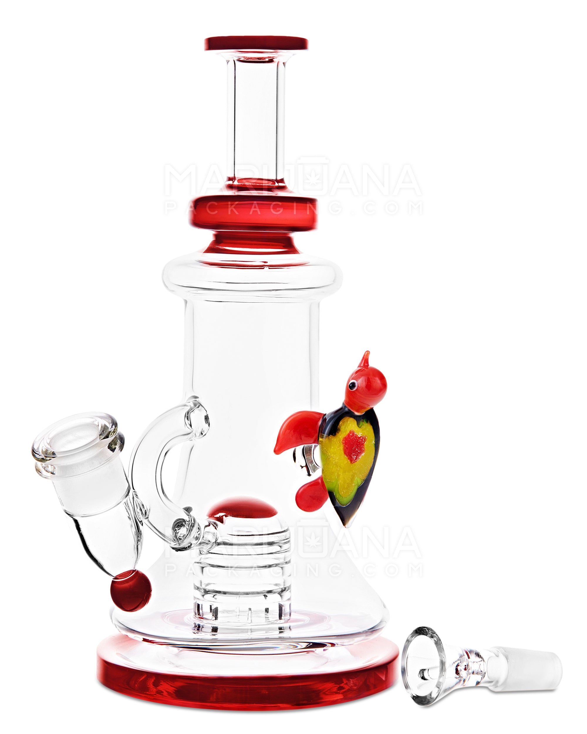 Straight Neck Showerhead Perc Glass Recycler Beaker Water Pipe w/ Glass Turtle & Thick Base | 8.5in Tall - 14mm - Red - 2
