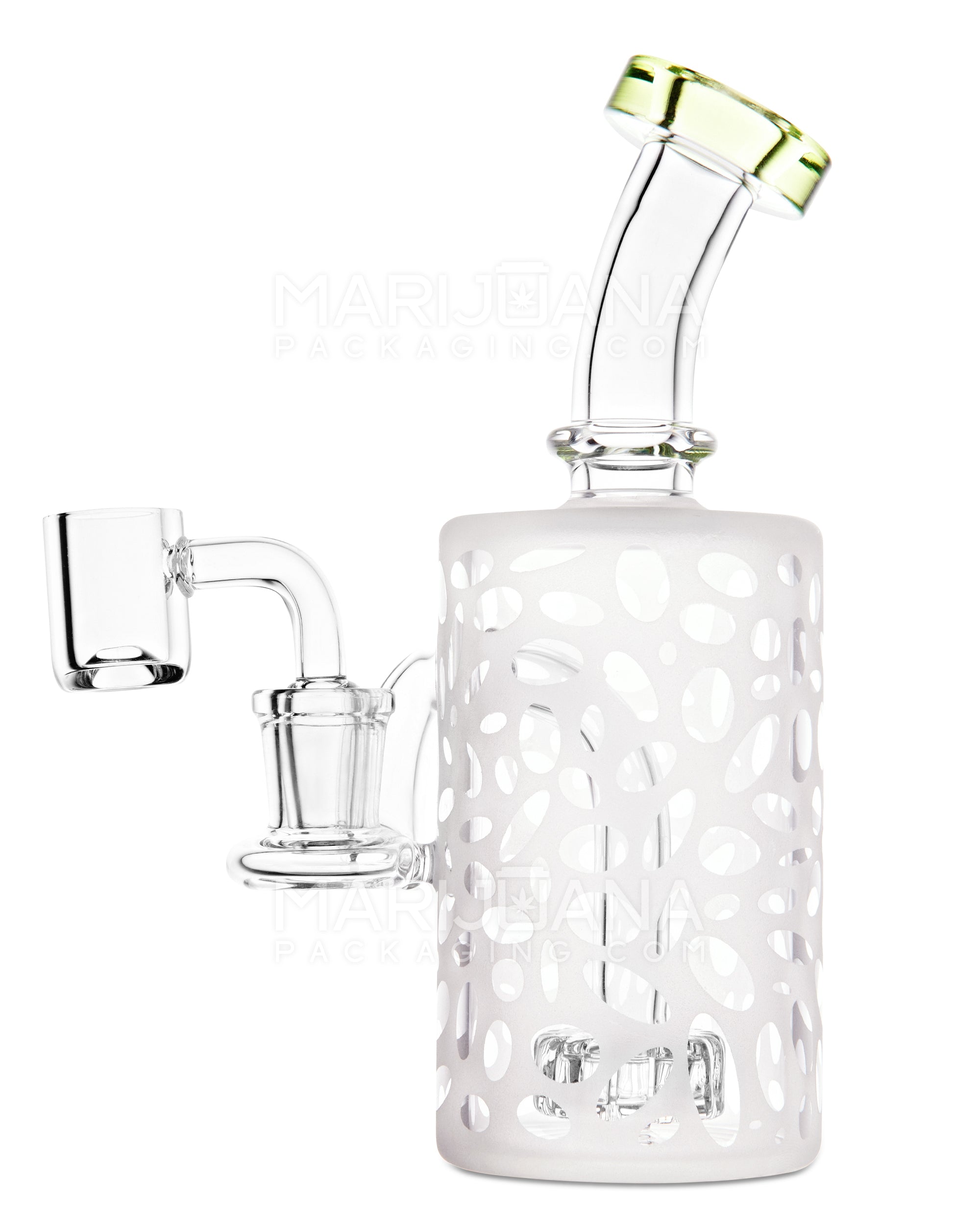 Bent Neck Showerhead Perc Sandblasted Glass Dab Rig w/ Thick Base | 6in Tall - 14mm Banger - Green - 2