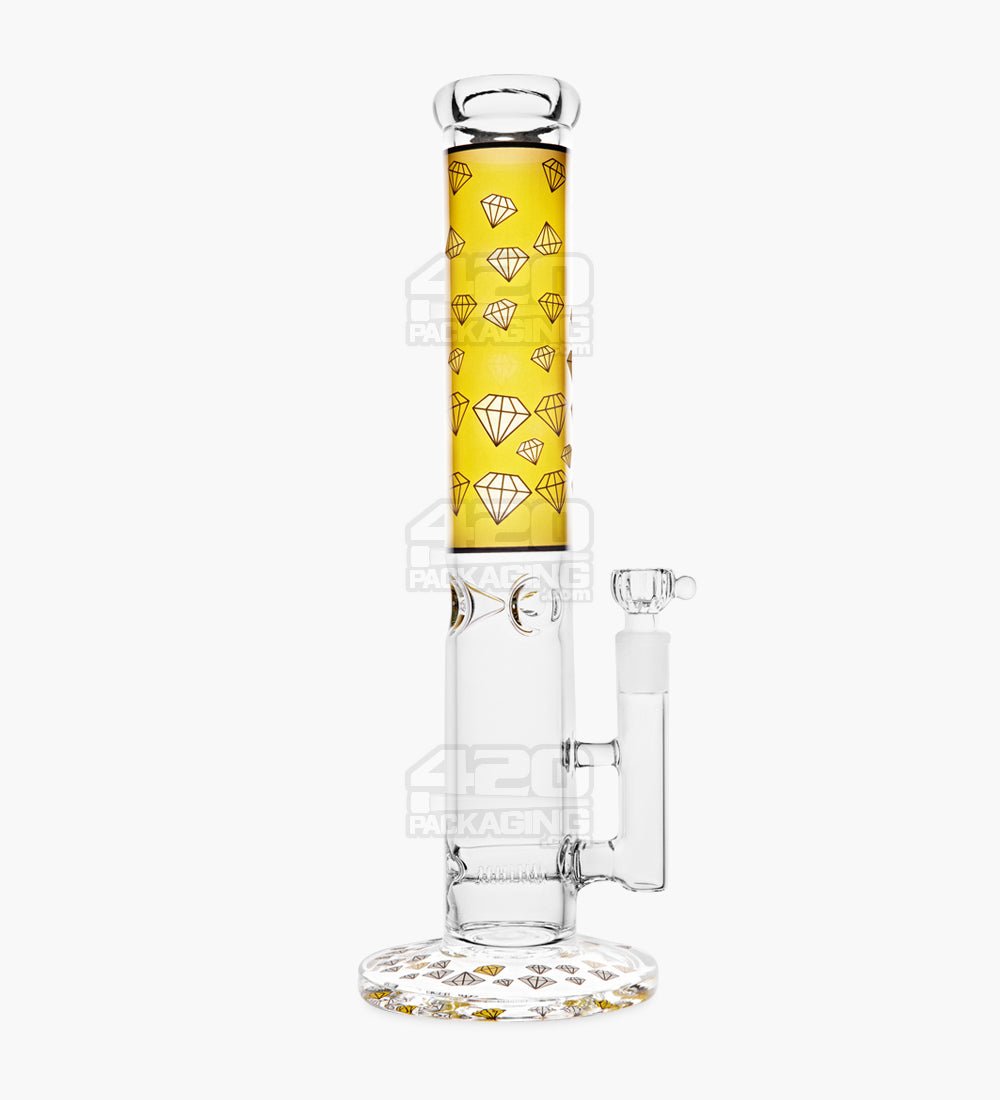 Straight Neck Diamond Decal Glass Water Pipe w/ Inline Perc | 14in Tall - 14mm Bowl - Yellow - 1