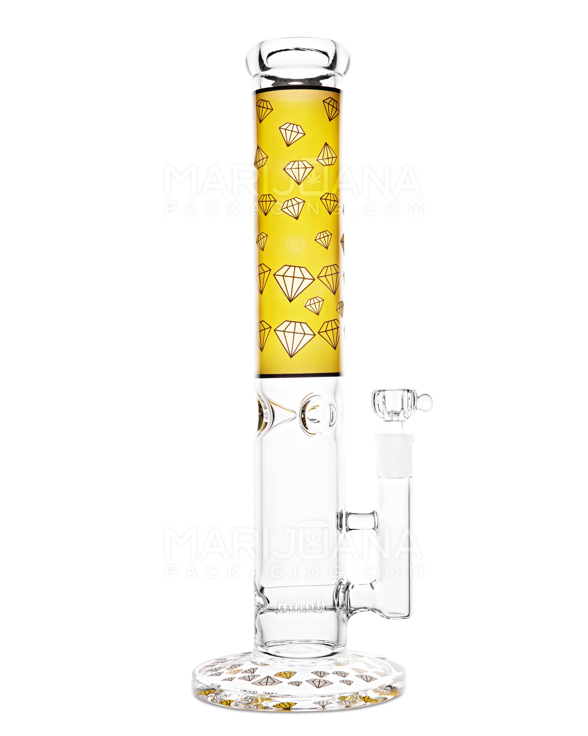 Straight Neck Diamond Decal Inline Perc Glass Water Pipe w/ Ice Catcher | 14in Tall - 14mm Bowl - Yellow - 1