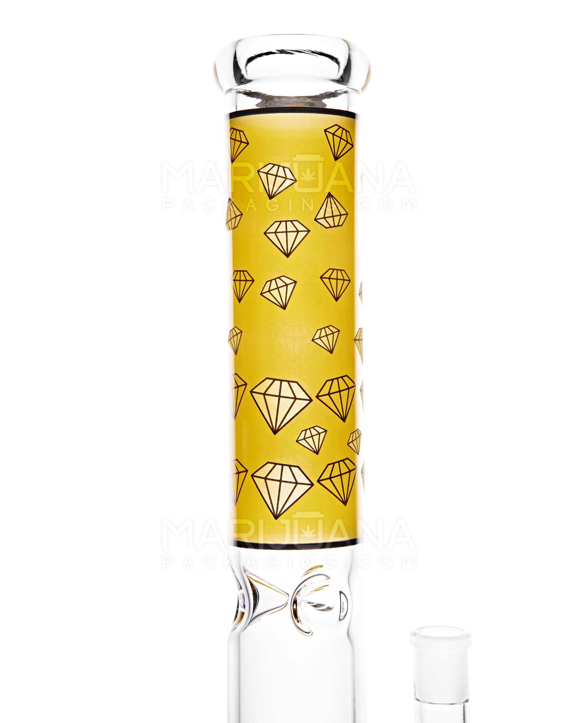 Straight Neck Diamond Decal Inline Perc Glass Water Pipe w/ Ice Catcher | 14in Tall - 14mm Bowl - Yellow - 3