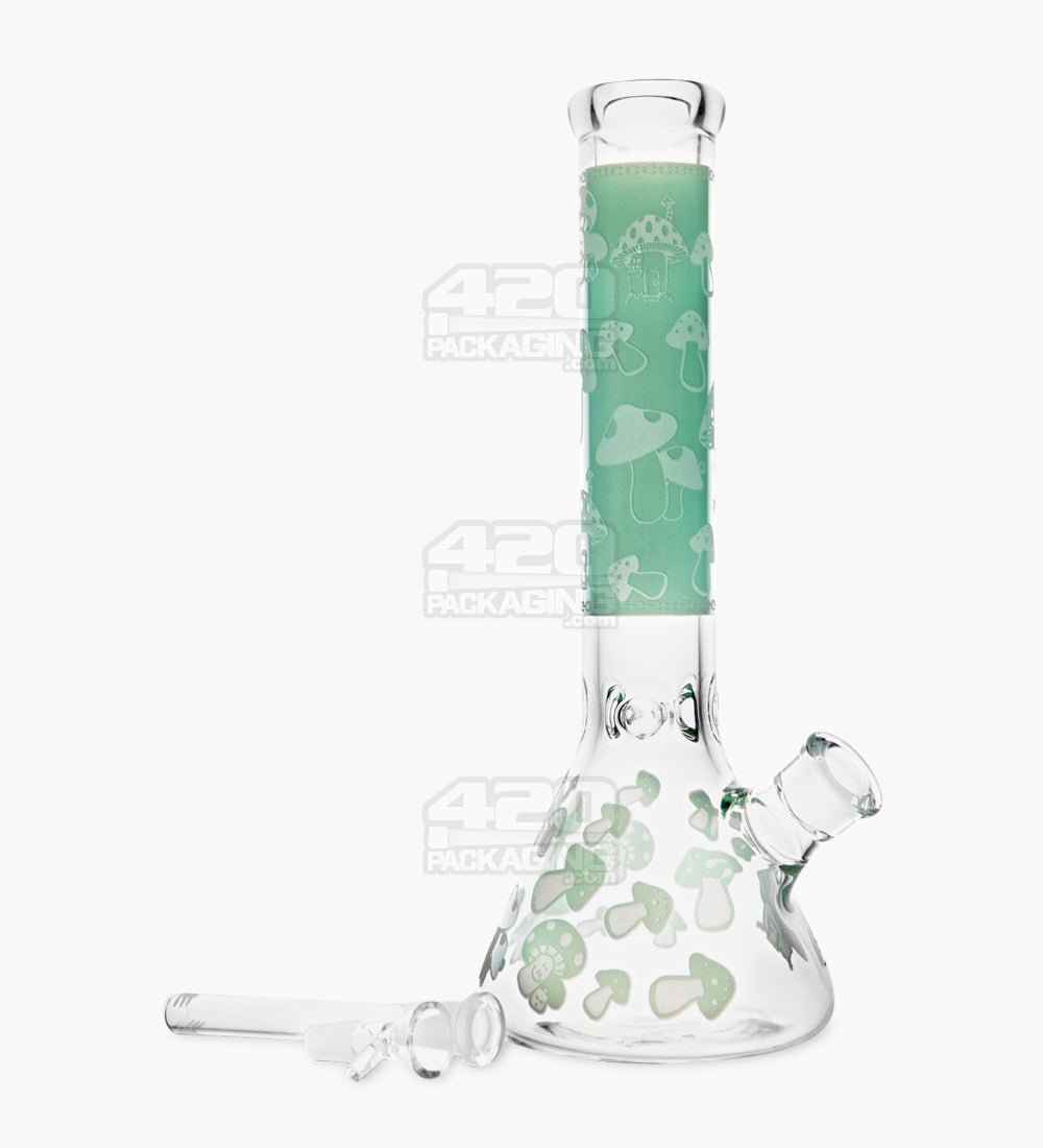 Straight Neck Mushroom Decal Glass Beaker Water Pipe w/ Ice Catcher | 14in Tall - 18mm Bowl - Jade - 2