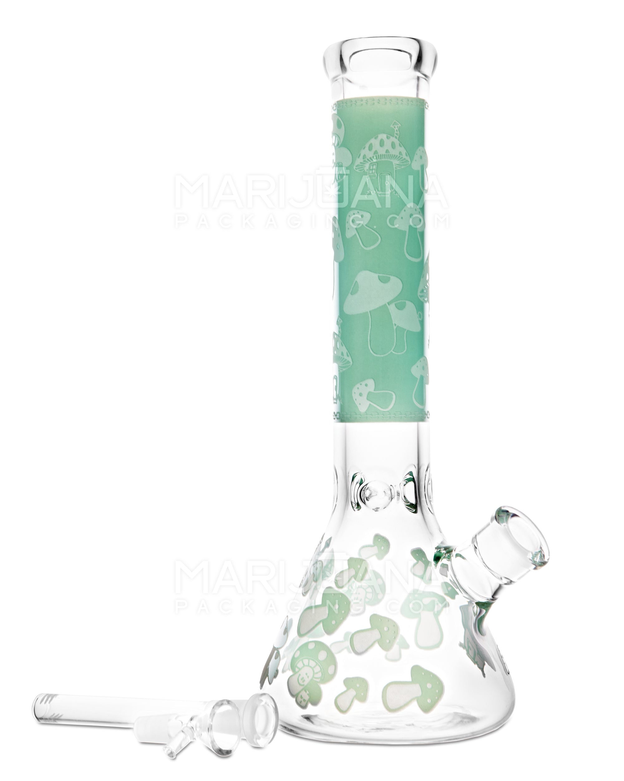 Straight Neck Mushroom Decal Glass Beaker Water Pipe w/ Ice Catcher | 14in Tall - 18mm Bowl - Jade - 2