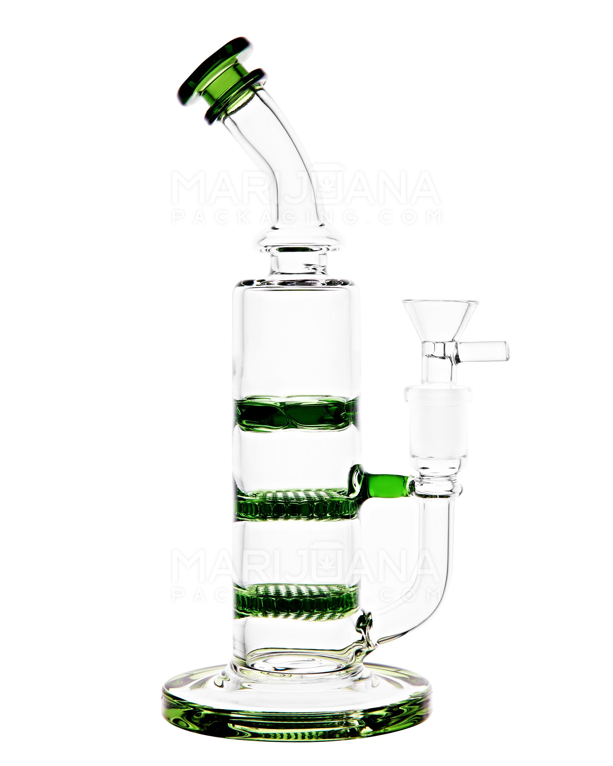 Bent Neck Triple Honeycomb Perc Glass Water Pipe w/ Thick Base | 9.5in Tall - 14mm Bowl - Green - 1