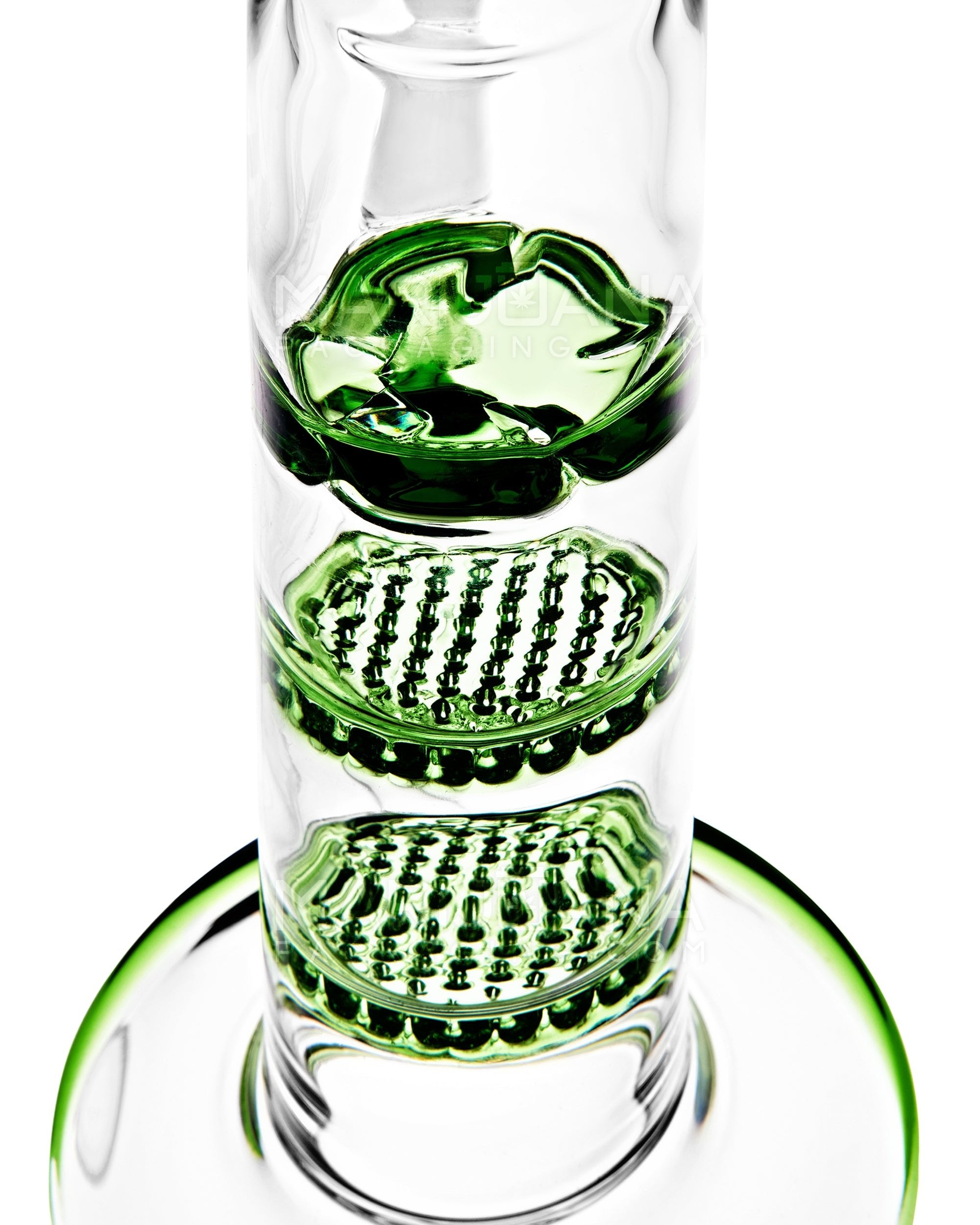 Bent Neck Triple Honeycomb Perc Glass Water Pipe w/ Thick Base | 9.5in Tall - 14mm Bowl - Green - 4