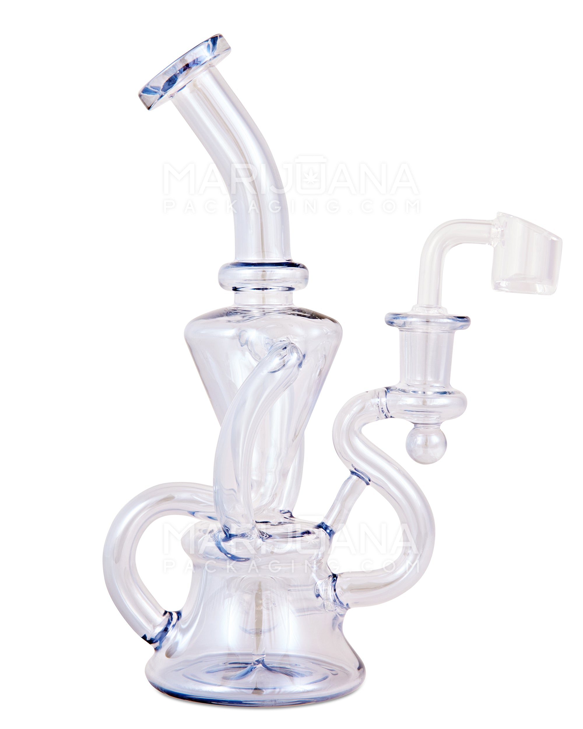 Bent Neck Iridescent Recycler Glass Bell Water Pipe | 8.5in Tall - 14mm Banger - Blue - 1