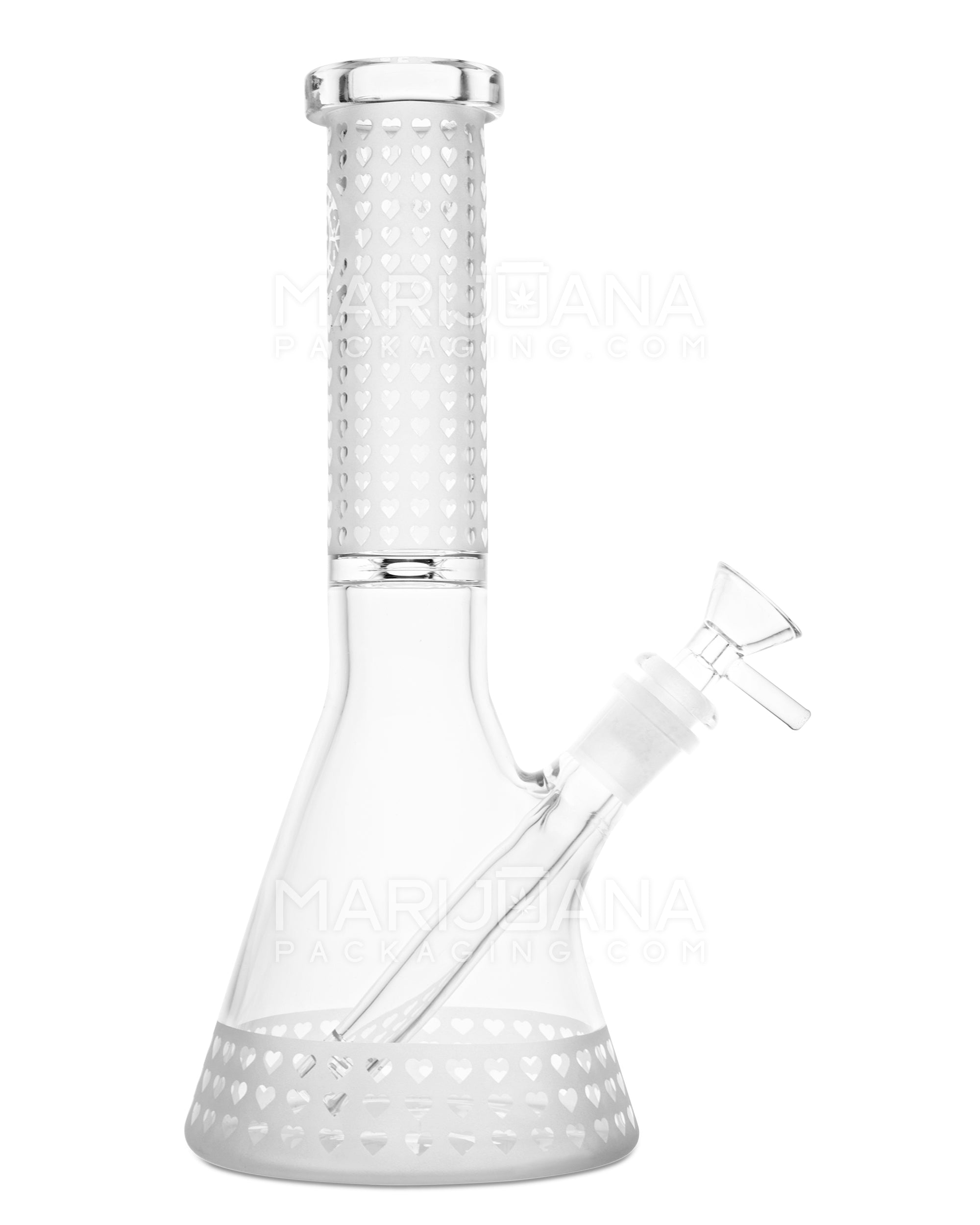 Straight Neck Sandblasted Hearts Decal Glass Beaker Water Pipe | 10.5in Tall - 14mm Bowl - Clear - 1
