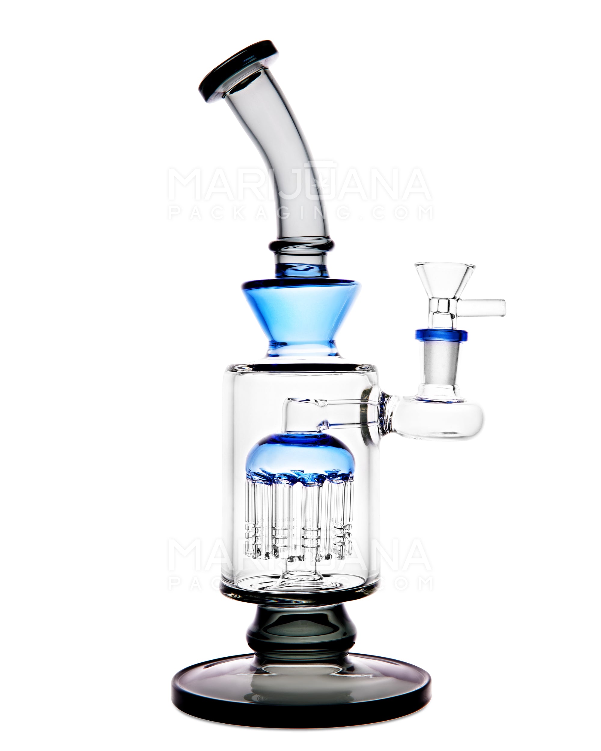 Bent Neck Tree Perc Color Trim Glass Water Pipe w/ Thick Base | 10.5in Tall - 14mm Bowl - Black - 1