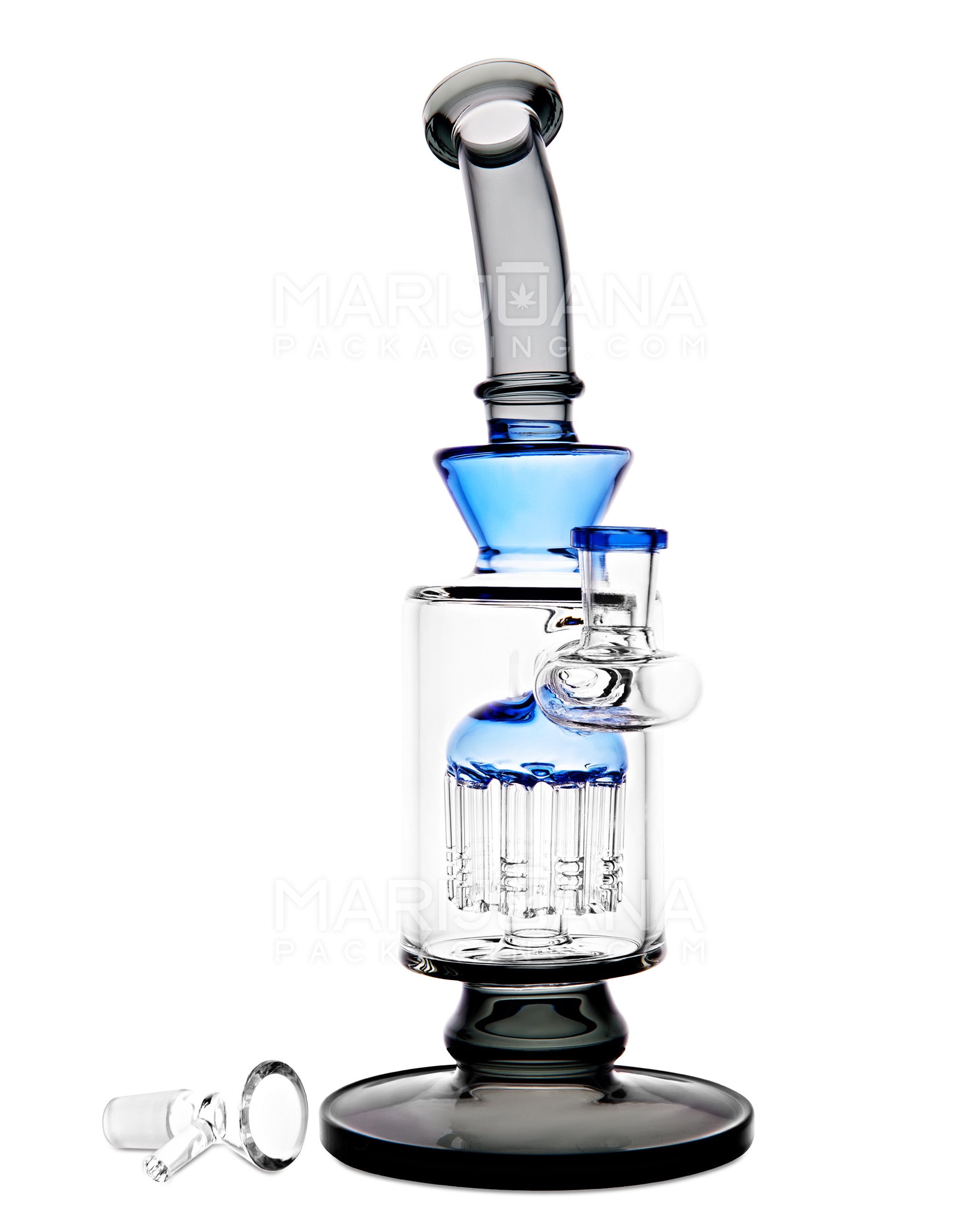 Bent Neck Tree Perc Color Trim Glass Water Pipe w/ Thick Base | 10.5in Tall - 14mm Bowl - Black - 2