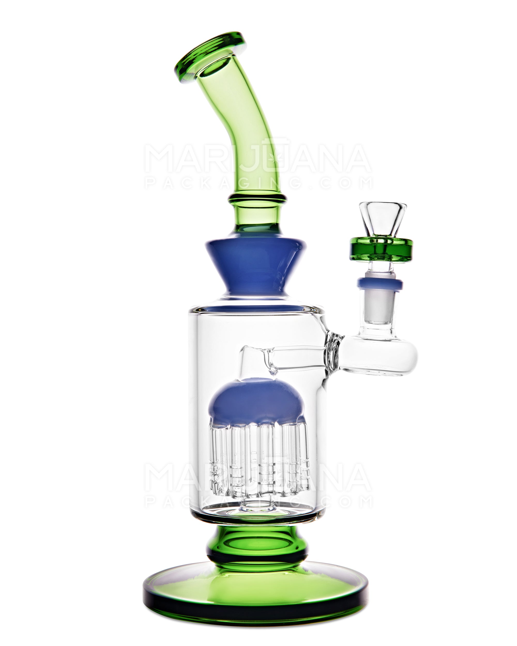 Bent Neck Tree Perc Color Trim Glass Water Pipe w/ Thick Base | 10.5in Tall - 14mm Bowl - Green - 1