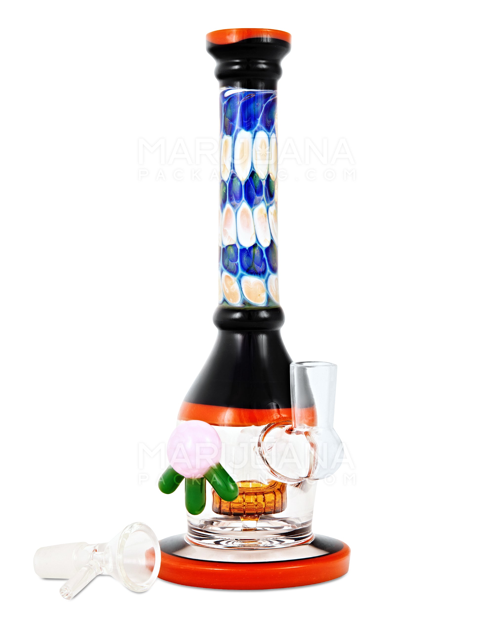 Straight Neck Dot Stack Showerhead Perc Painted Glass Water Pipe w/ Thick Base | 8.5in Tall - 14mm Bowl - Assorted - 2