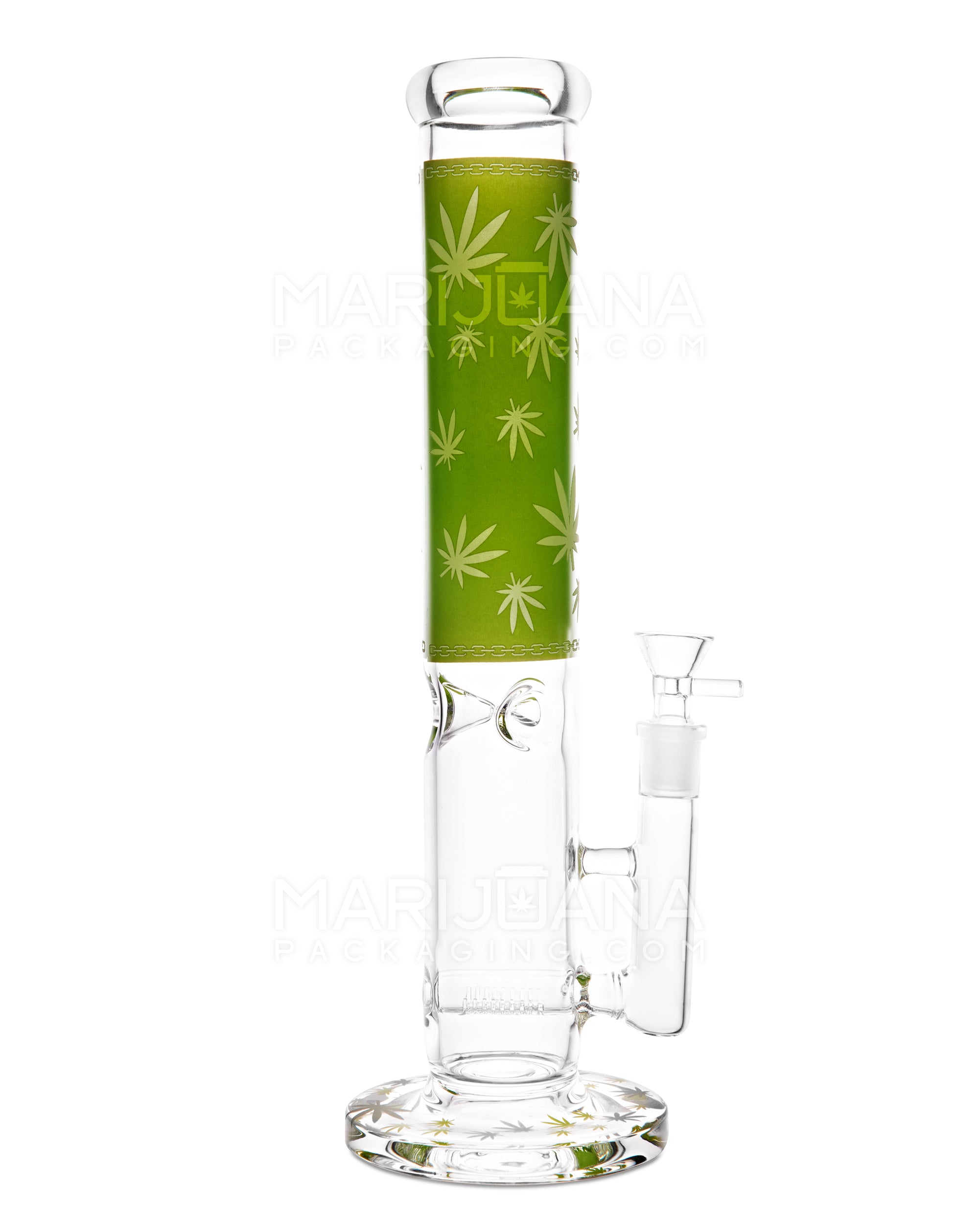 Straight Neck Leaf Decal Inline Perc Glass Water Pipe w/ Ice Catcher | 14in Tall - 14mm Bowl - Green - 1