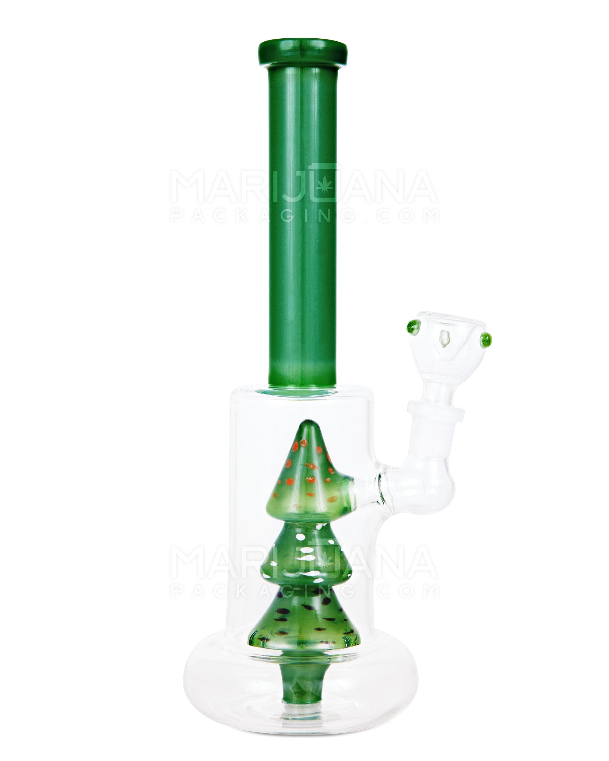 Straight Neck Christmas Tree Perc Glass Water Pipe w/ Donut Base | 10in Tall - 14mm Bowl - Green - 1