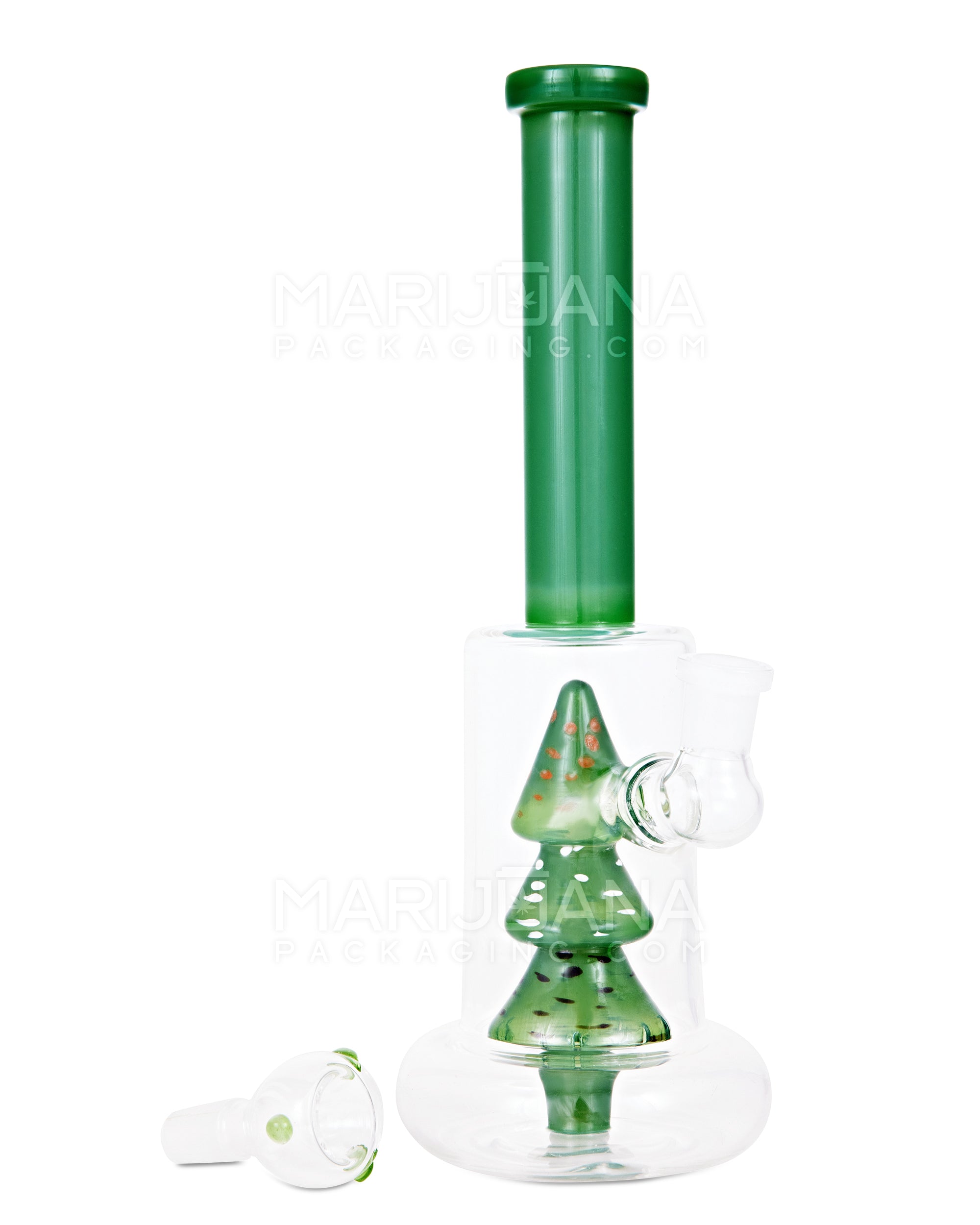 Straight Neck Christmas Tree Perc Glass Water Pipe w/ Donut Base | 10in Tall - 14mm Bowl - Green - 2