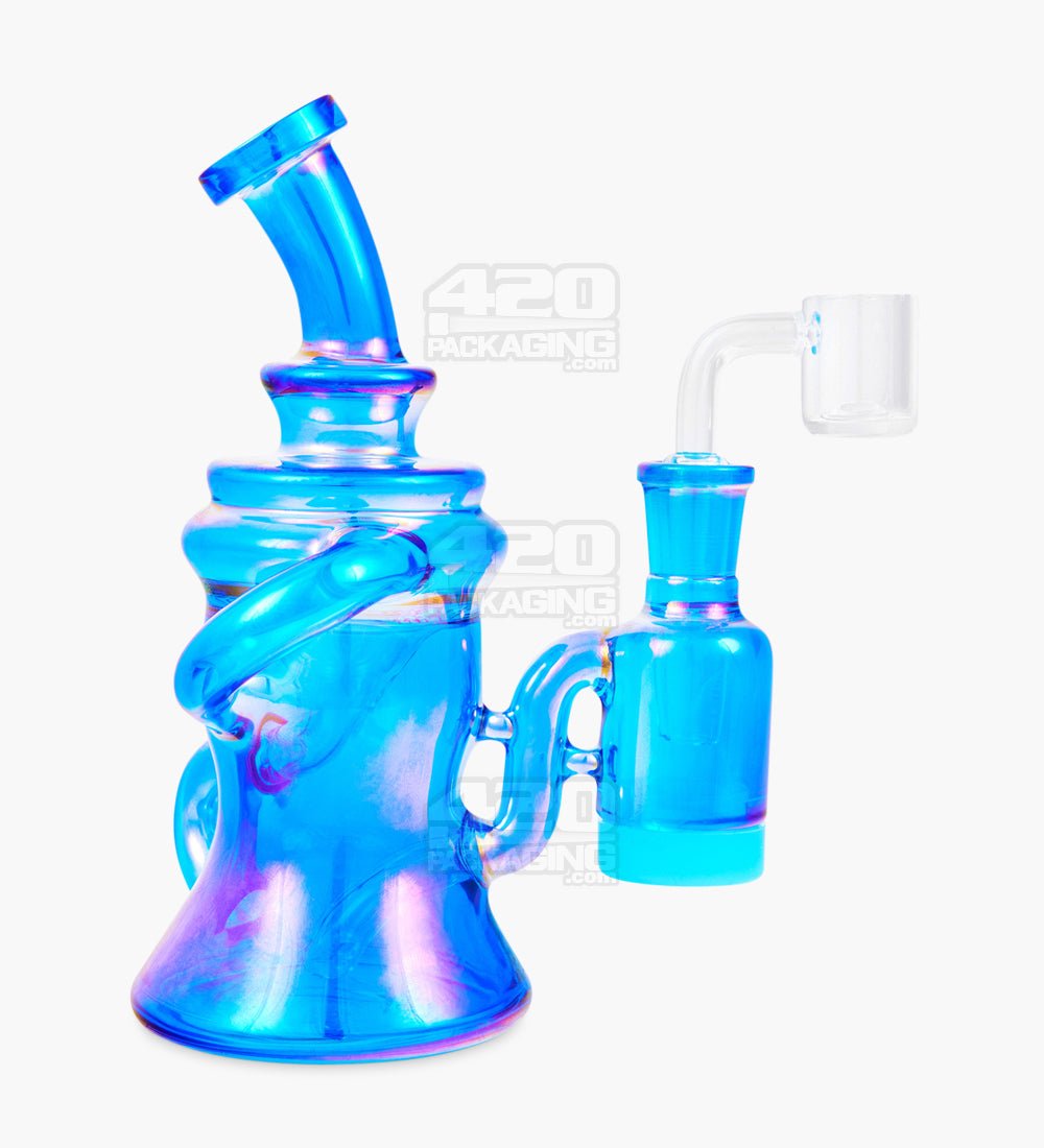 Bent Neck Iridescent Recycler Glass Dab Rig w/ Silicone Claim Catcher | 7in Tall - 14mm Banger - Blue - 1