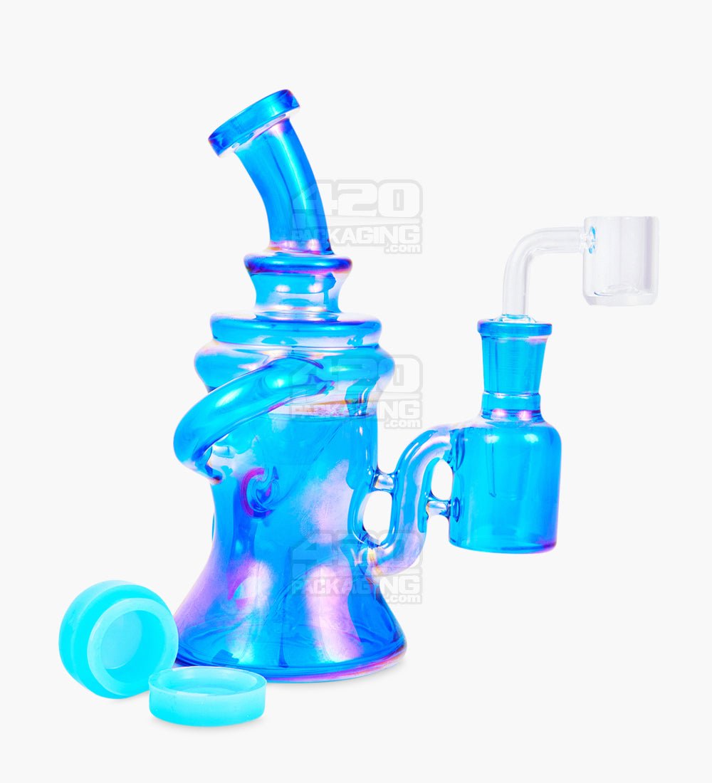 Bent Neck Iridescent Recycler Glass Dab Rig w/ Silicone Claim Catcher | 7in Tall - 14mm Banger - Blue - 3