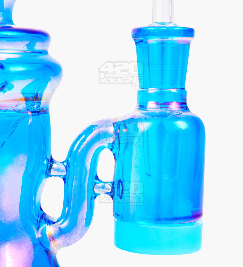 Bent Neck Iridescent Recycler Glass Dab Rig w/ Silicone Claim Catcher | 7in Tall - 14mm Banger - Blue - 4