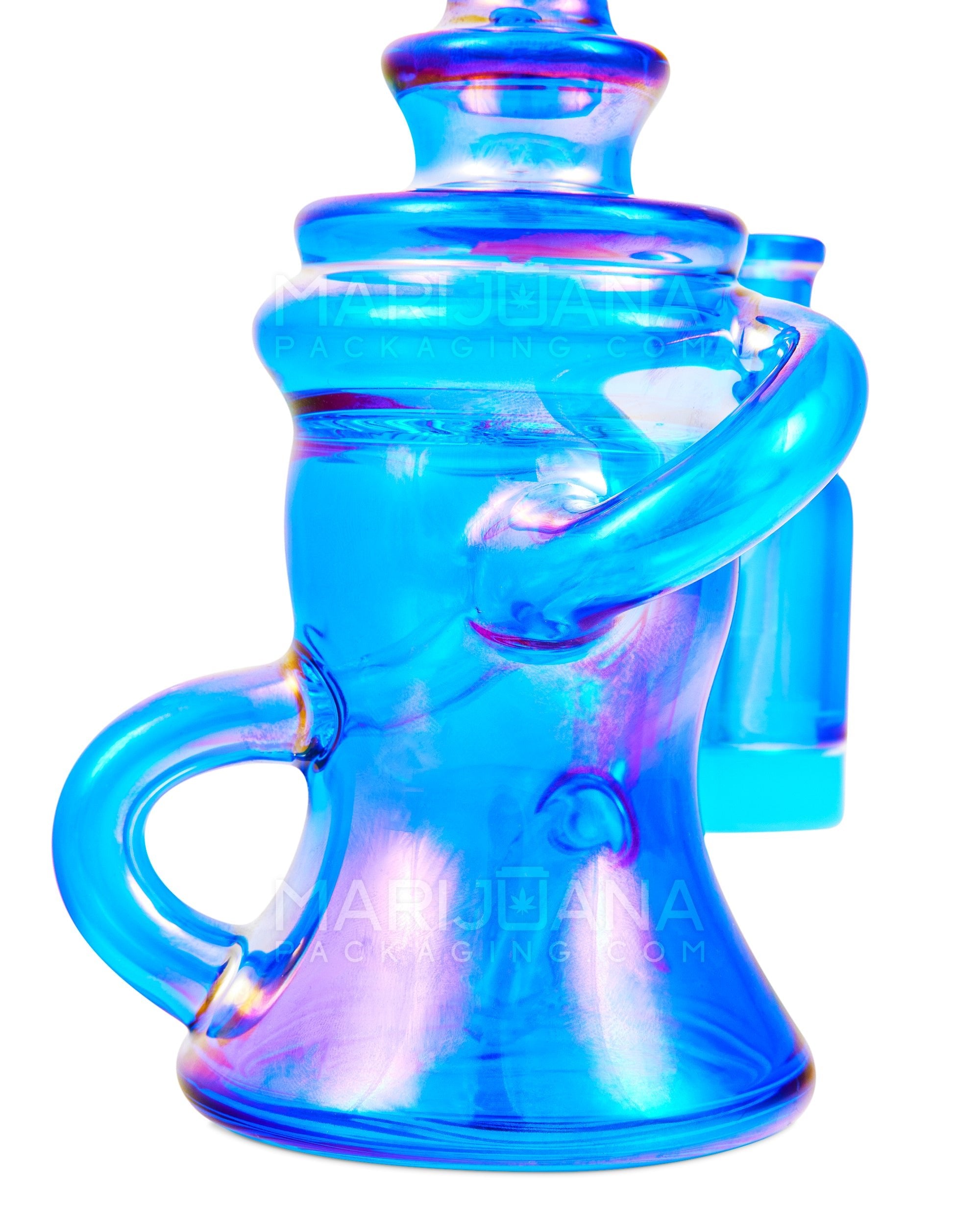 Bent Neck Iridescent Recycler Glass Dab Rig w/ Silicone Claim Catcher | 7in Tall - 14mm Banger - Blue - 4