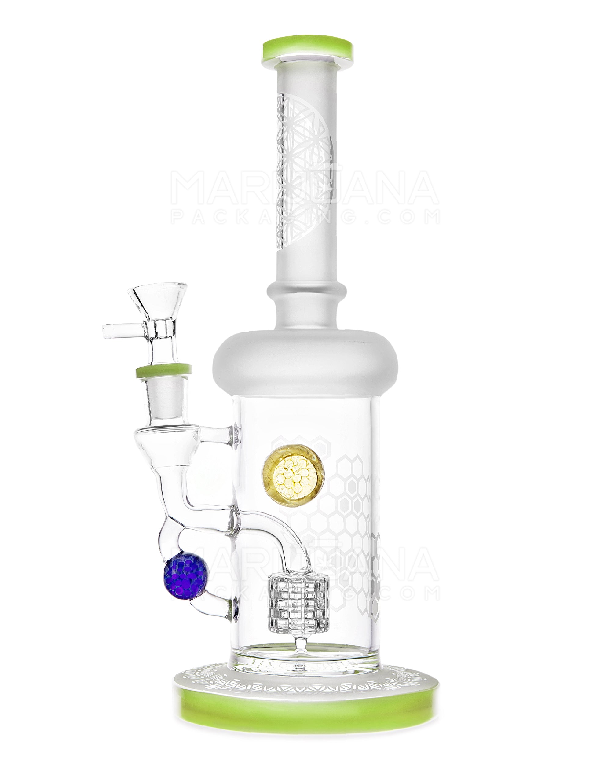 USA Glass | Straight Neck Matrix Perc Sandblasted Glass Water Pipe w/ Implosion Marbles | 11in Tall - 14mm Bowl - Slime - 1