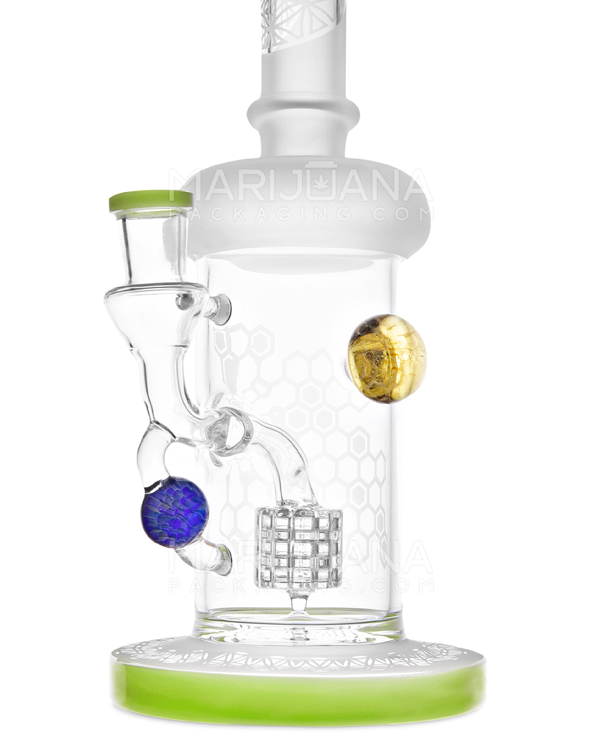 USA Glass | Straight Neck Matrix Perc Sandblasted Glass Water Pipe w/ Implosion Marbles | 11in Tall - 14mm Bowl - Slime - 3