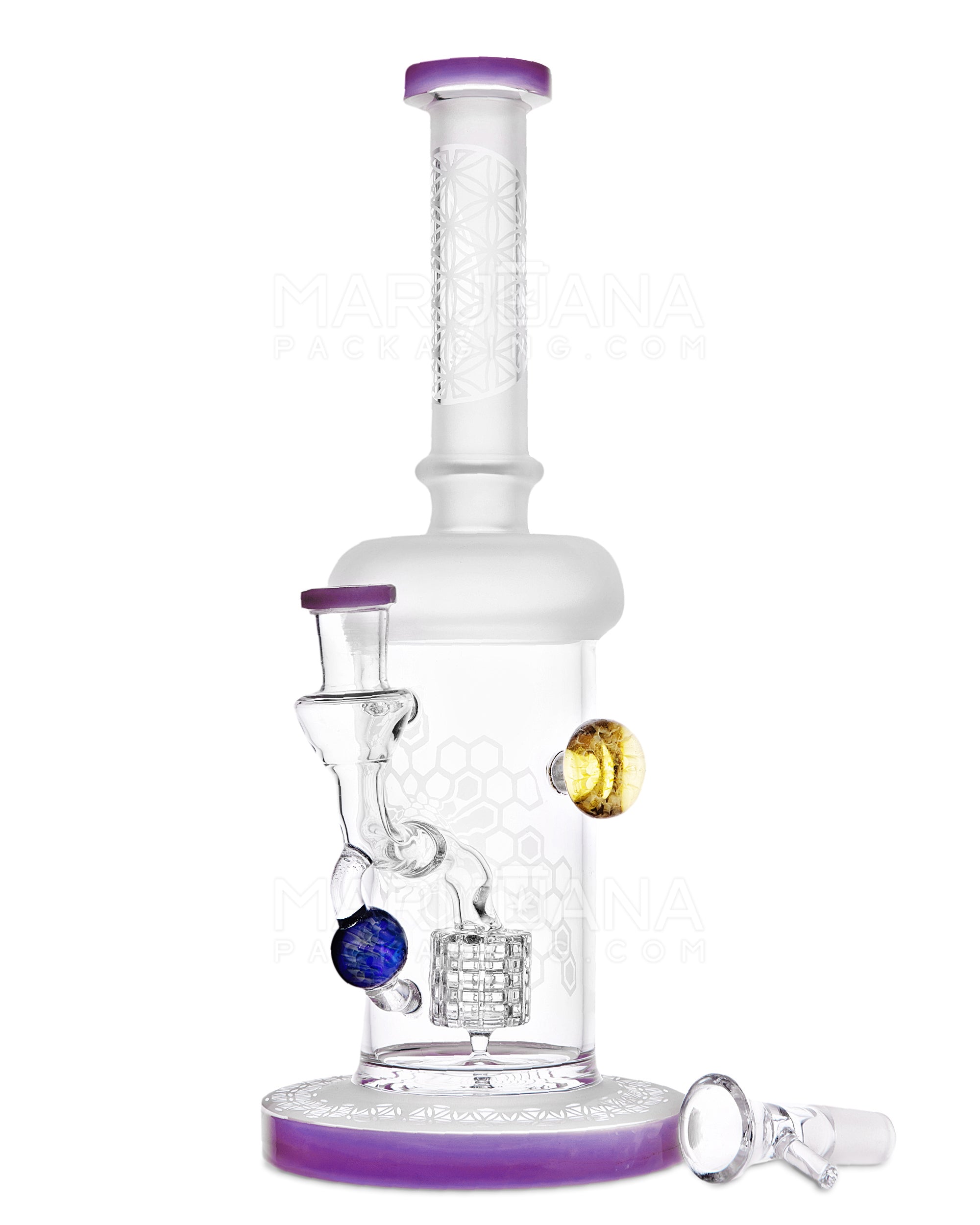 USA Glass | Straight Neck Matrix Perc Sandblasted Glass Water Pipe w/ Implosion Marbles | 11in Tall - 14mm Bowl - Purple - 2