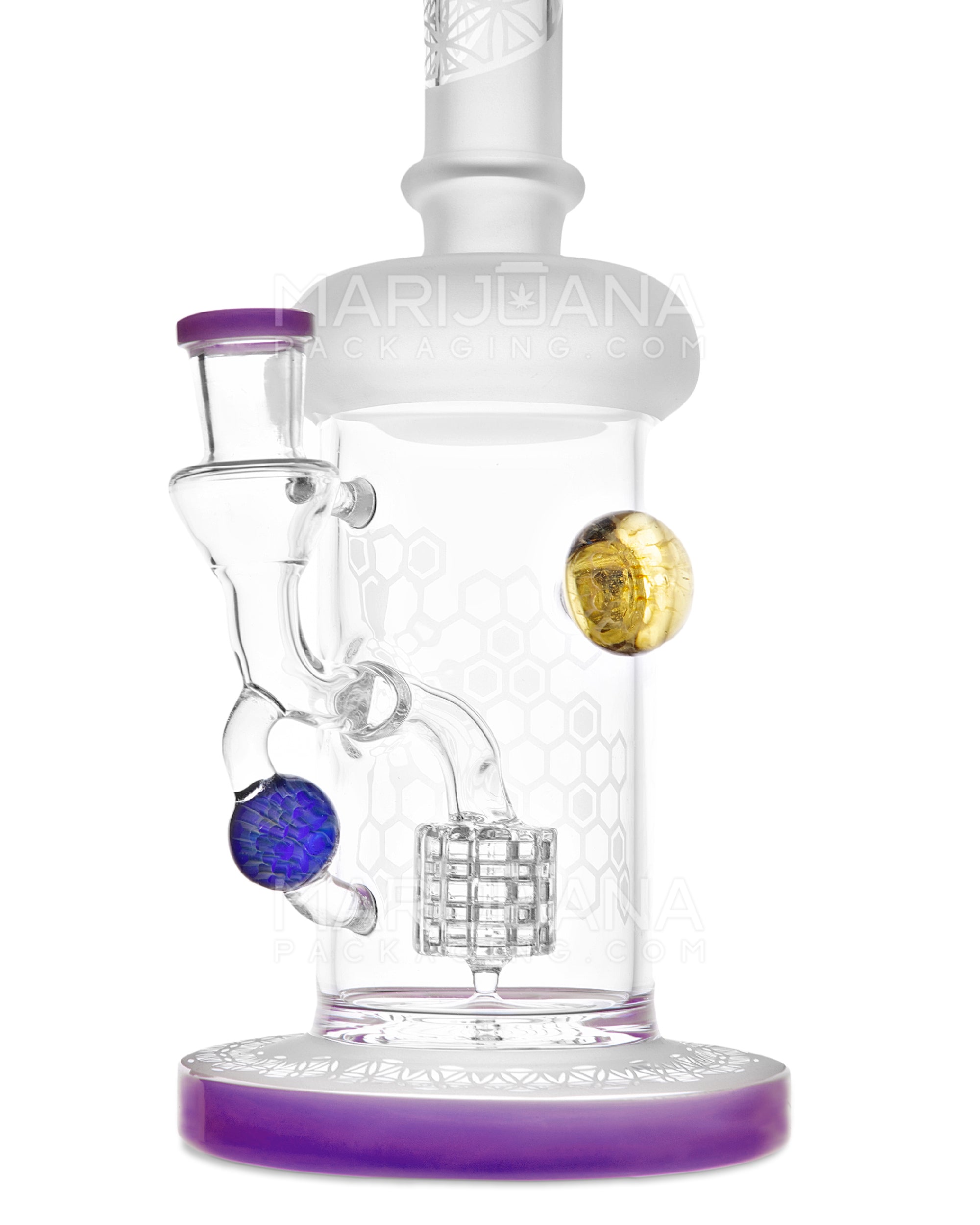 USA Glass | Straight Neck Matrix Perc Sandblasted Glass Water Pipe w/ Implosion Marbles | 11in Tall - 14mm Bowl - Purple - 3