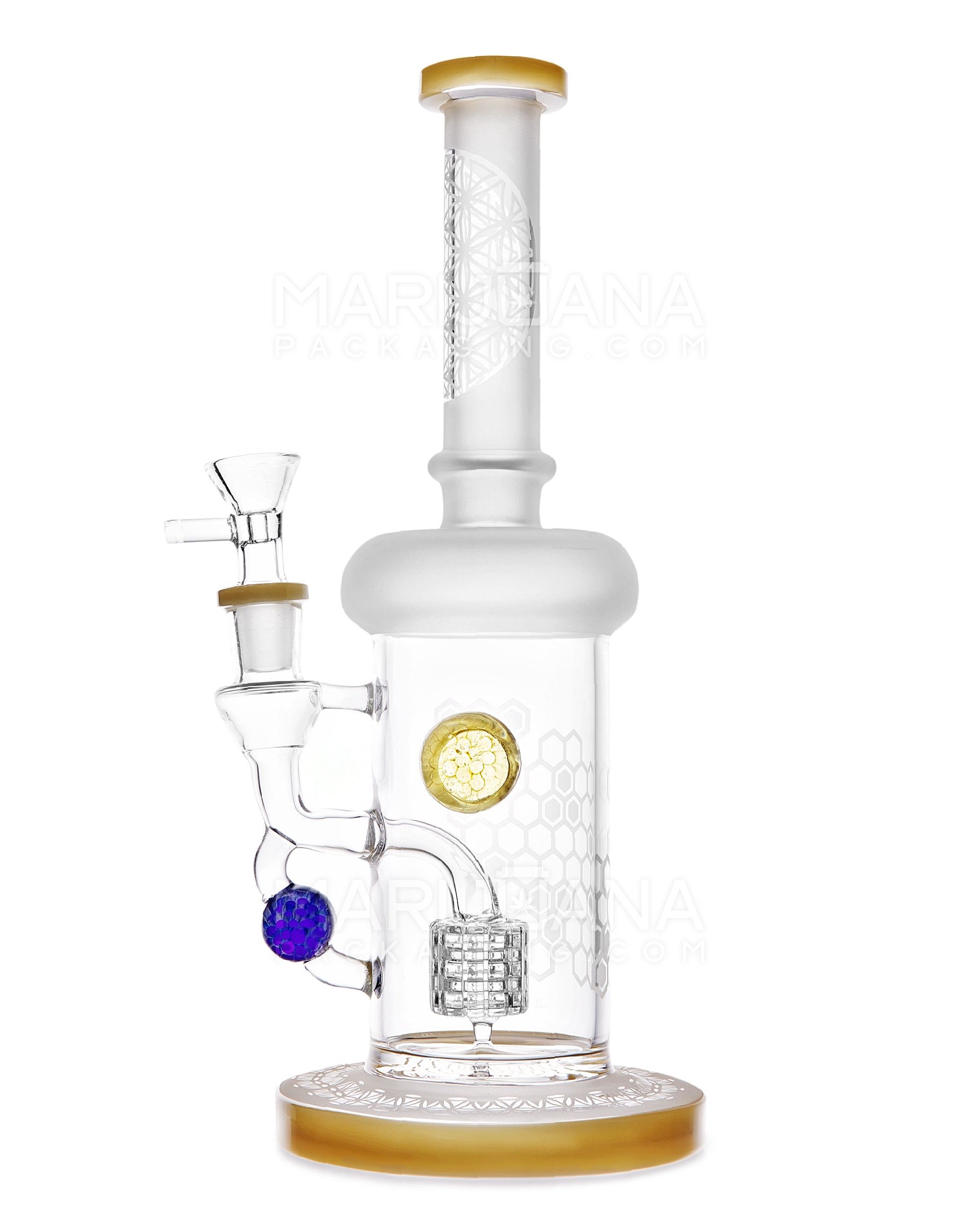 USA Glass | Straight Neck Matrix Perc Sandblasted Glass Water Pipe w/ Implosion Marbles | 11in Tall - 14mm Bowl - Yellow - 1