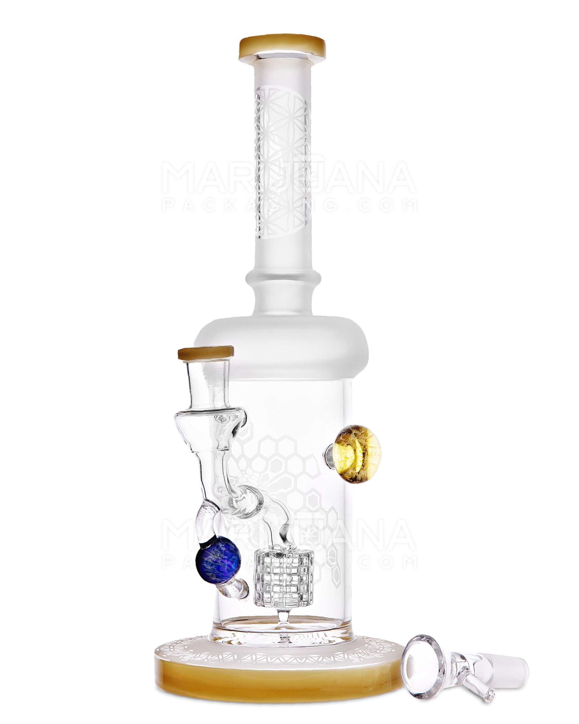 USA Glass | Straight Neck Matrix Perc Sandblasted Glass Water Pipe w/ Implosion Marbles | 11in Tall - 14mm Bowl - Yellow - 2