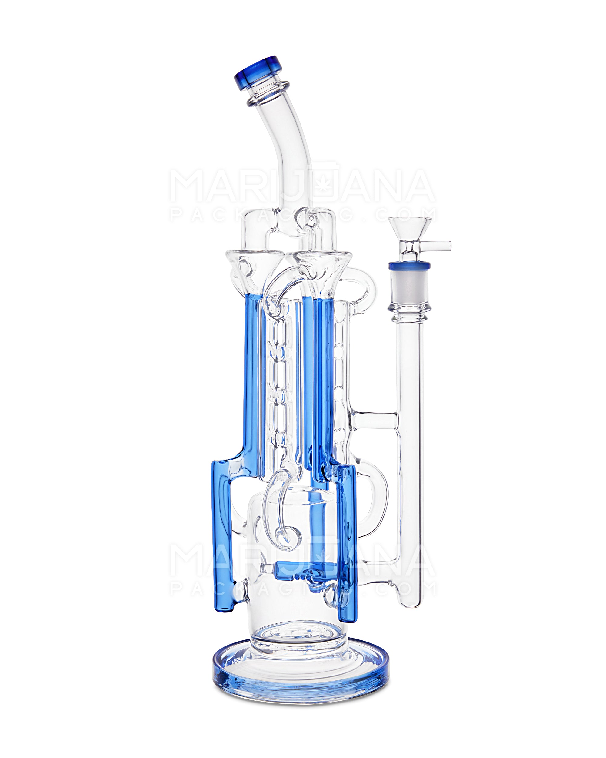 USA Glass | Bent Neck Inline Perc Six Recycler Pillar Tower Water Pipe w/ Thick Base | 14.5in Tall - 14mm Bowl - Blue - 1