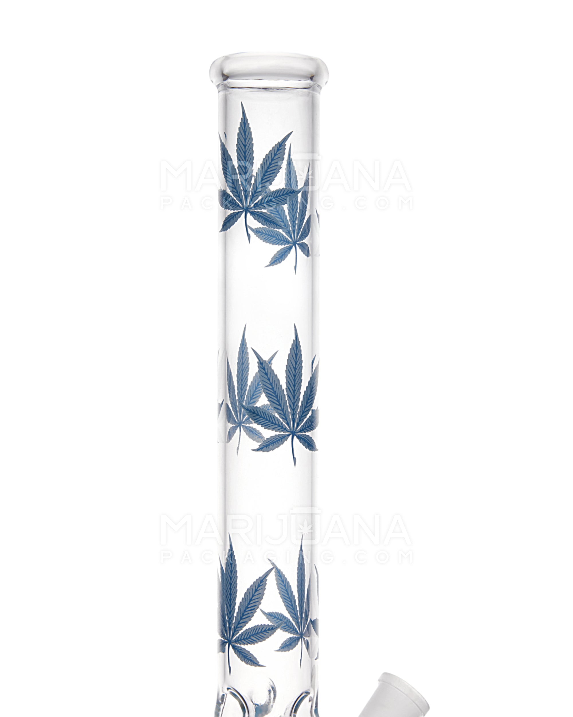 Straight Neck Leaf Decal Glass Beaker Water Pipe w/ Ice Catcher | 14in Tall - 14mm Bowl - Blue