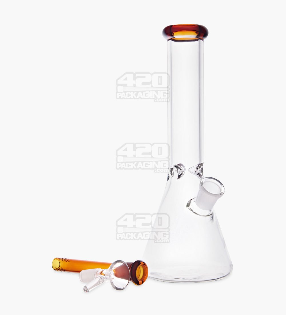 Straight Neck Color Lip Glass Beaker Water Pipe w/ Ice Catcher | 10.25in Tall - 14mm Bowl - Amber - 2