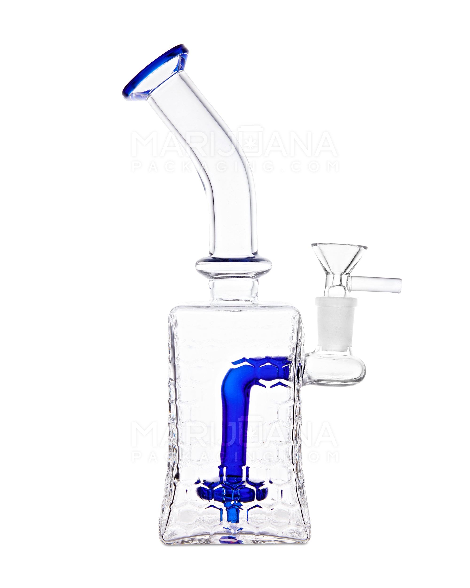 Bent Neck Honeycomb Speckled Square Glass Water Pipe w/ Showerhead Perc | 9in Tall - 14mm Bowl - Blue