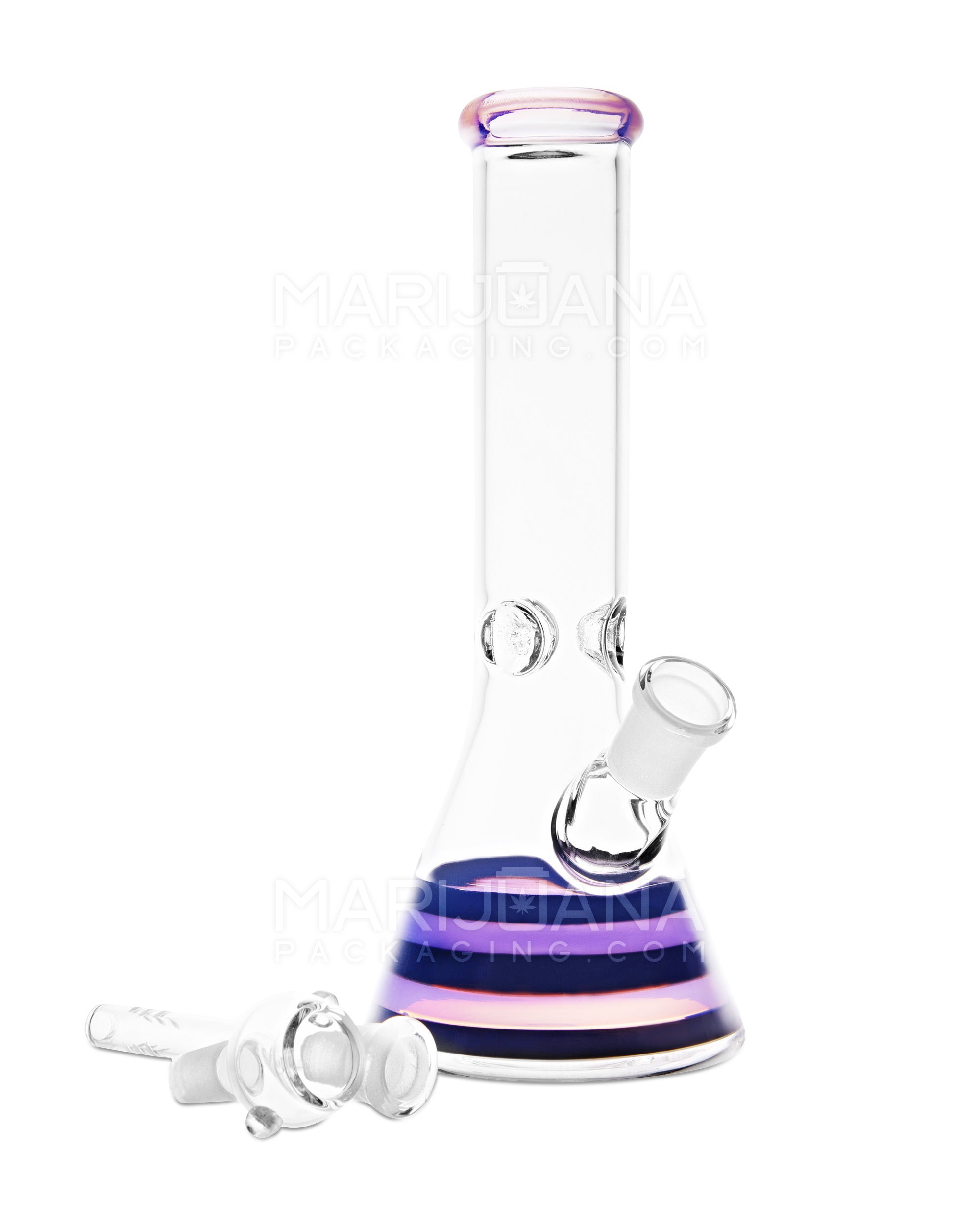 Straight Neck Thick Stripes Glass Beaker Water Pipe w/ Ice Catcher | 10in Tall - 14mm Bowl - Purple