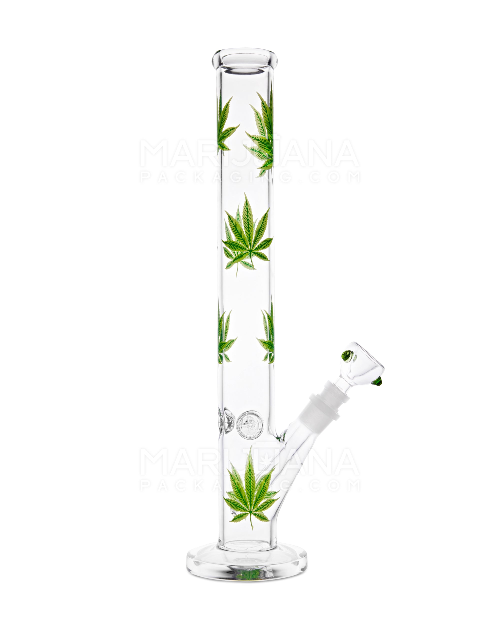 Straight Neck Leaf Decal Glass Straight Shooter Water Pipe w/ Ice Catcher | 14in Tall - 14mm Bowl - Green