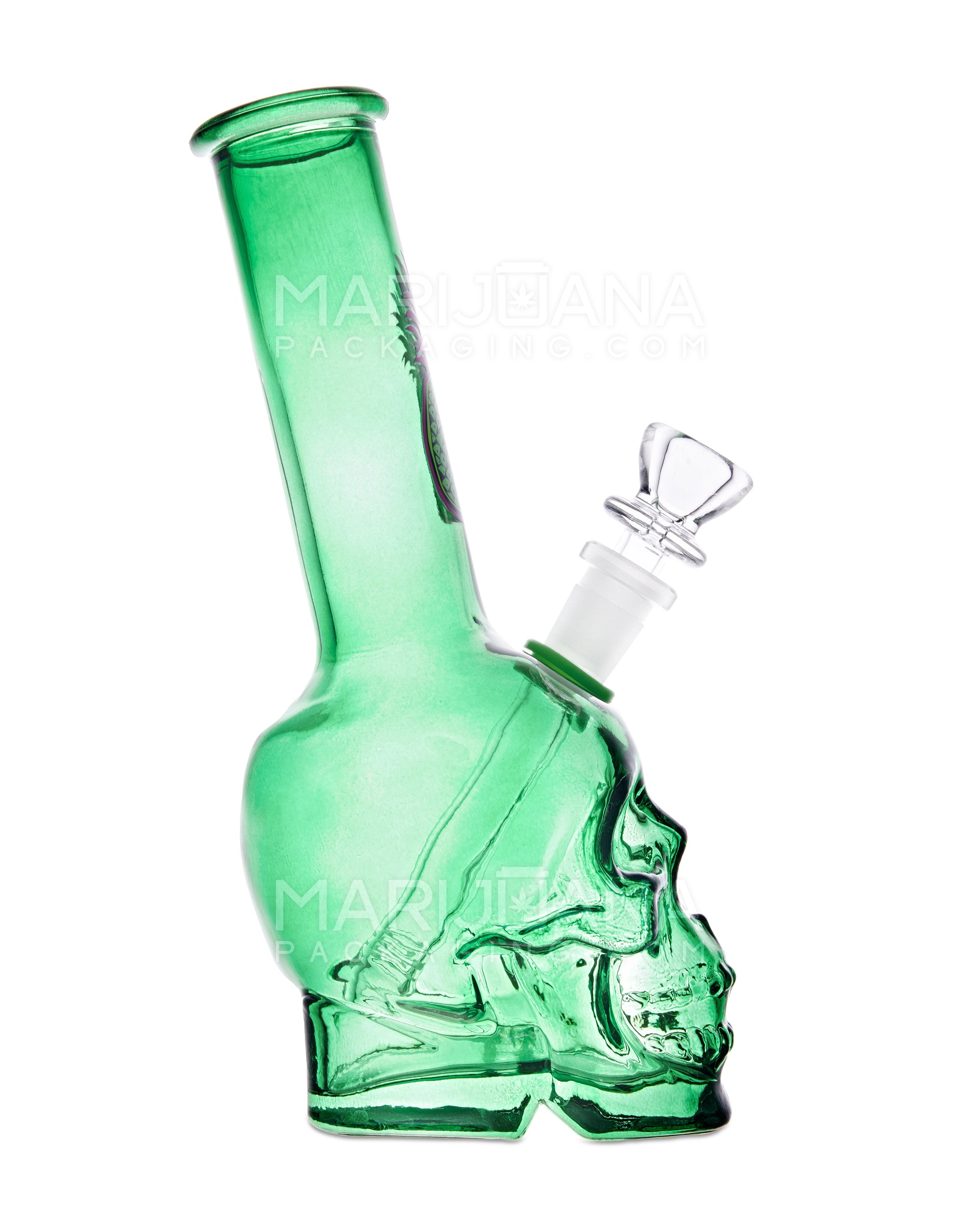 Angled Neck Crystal Skull Head Decal Glass Water Pipe | 9.5in Tall - Grommet Bowl - Assorted - 2