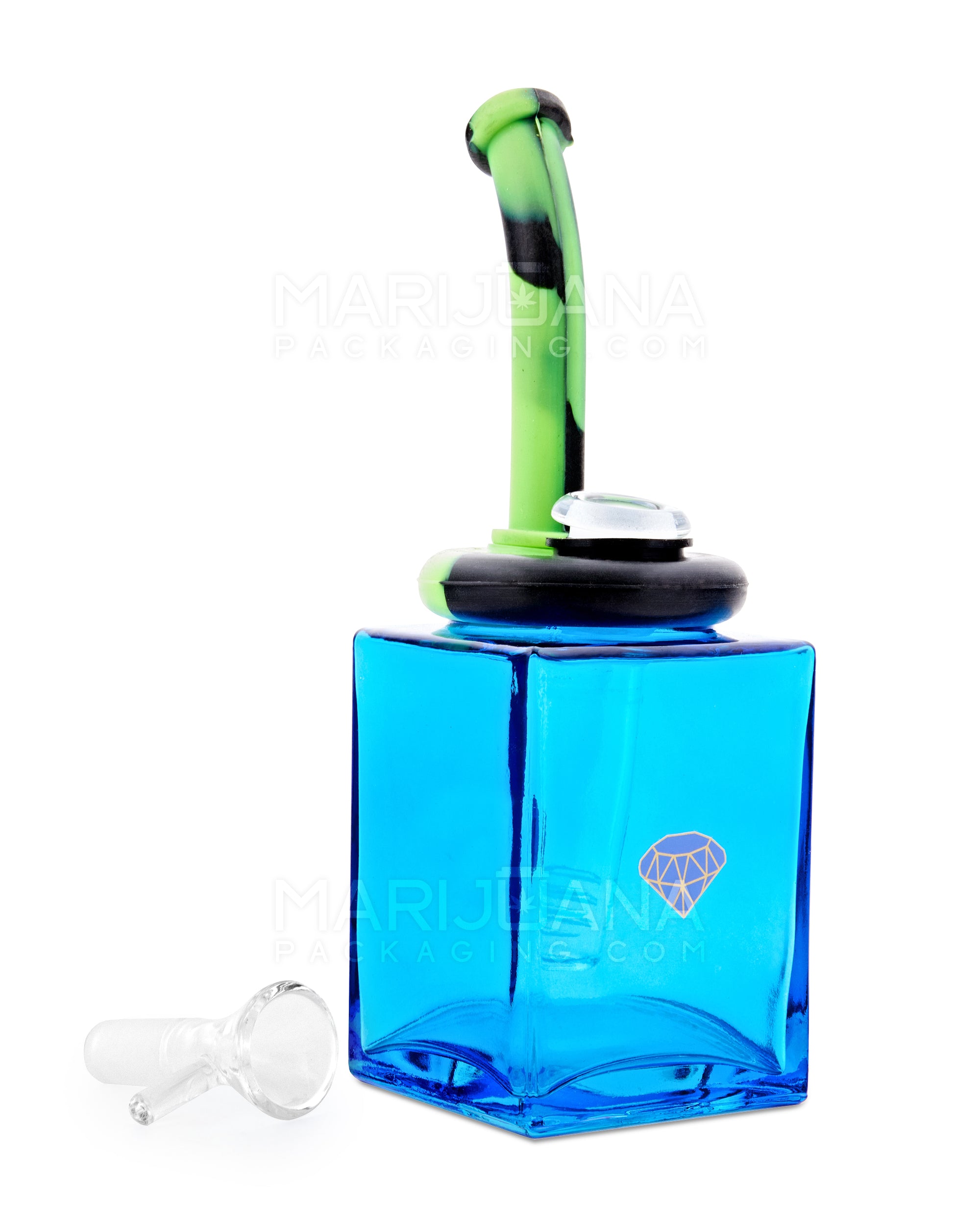 Bent Neck Gem Square Glass Water Pipe w/ Silicone Cover | 8in Tall - 14mm Bowl - Assorted