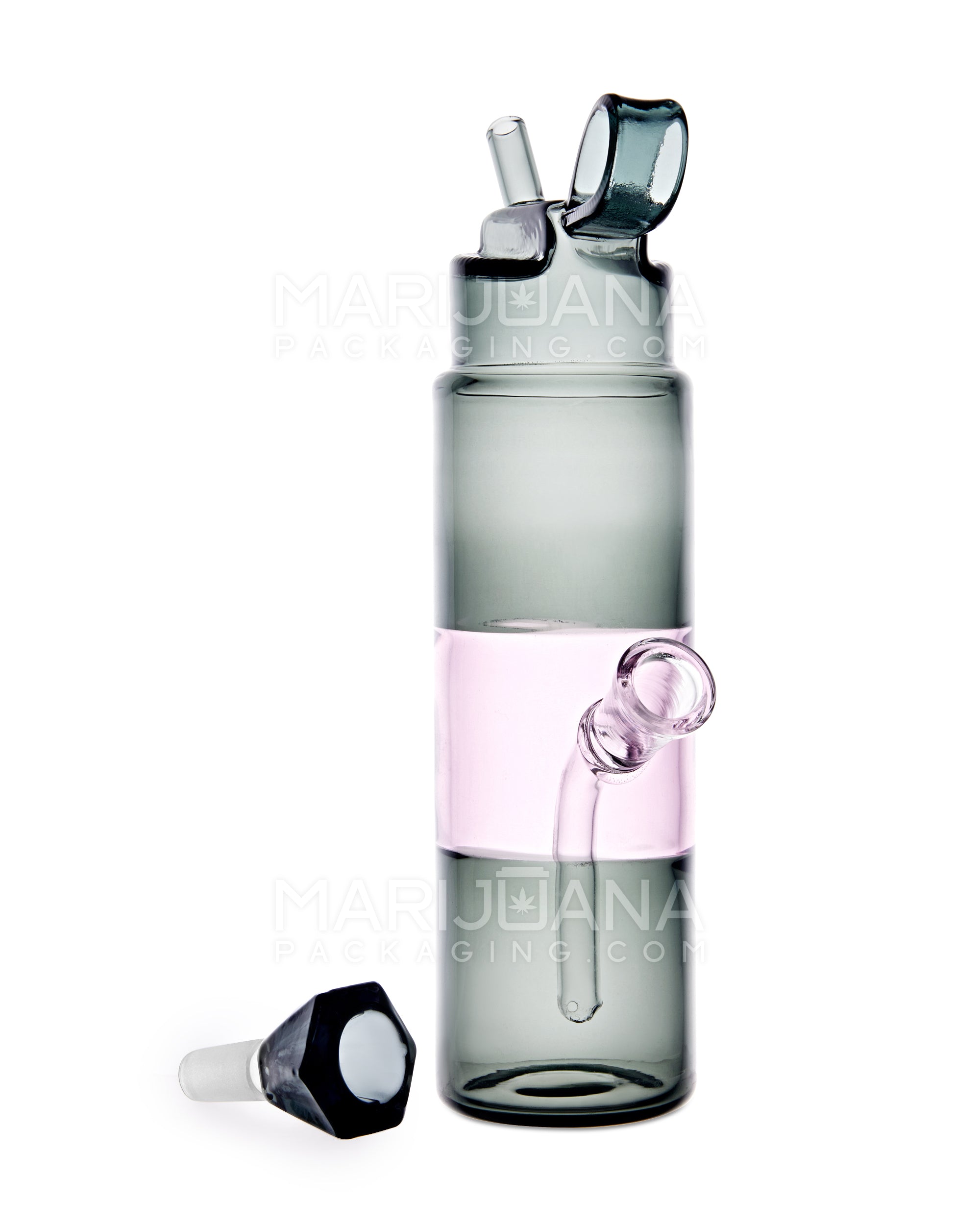 USA Glass | Water Bottle Flask Style Water Pipe | 9.5in Tall - 14mm Bowl - Smoke/Pink