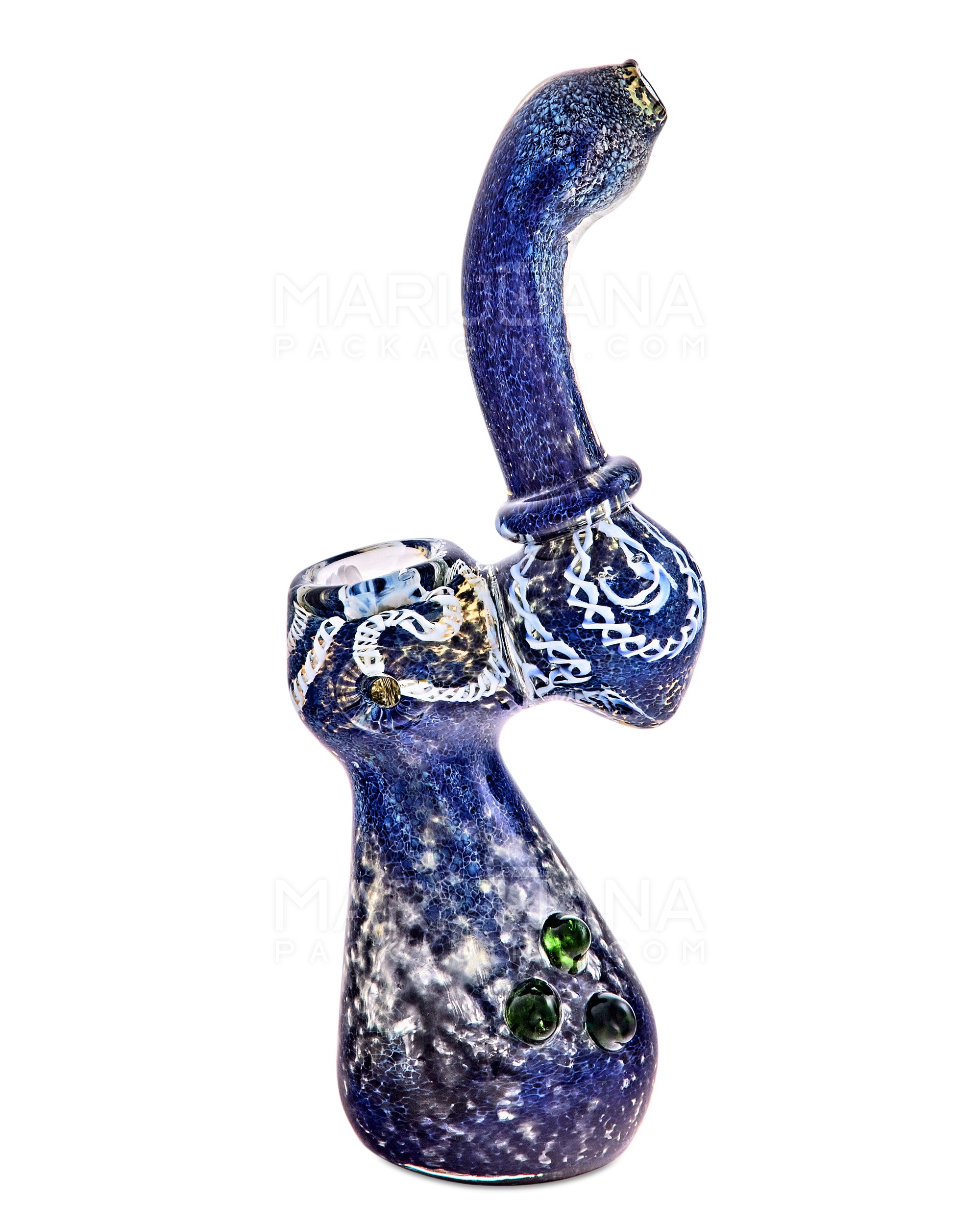 Frit & Gold Fumed Ringed Bubbler w/ Ribboning & Triple Knockers | 8in Tall - Glass - Blue - 10