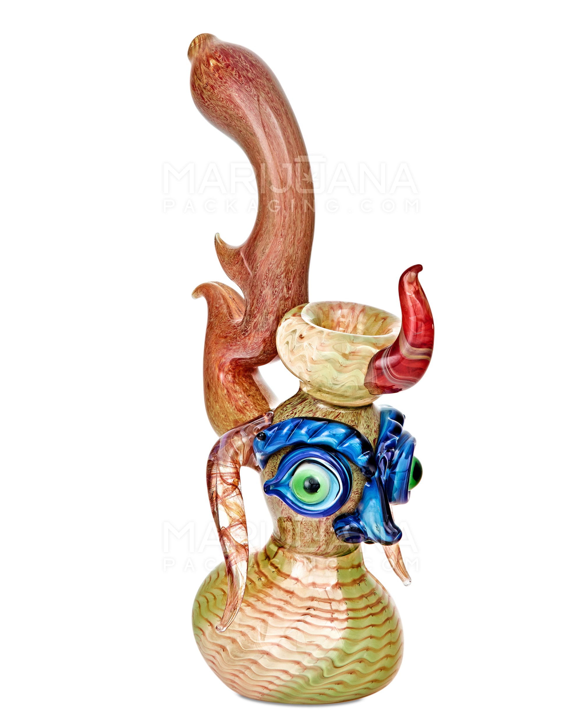 Heady | Crescent Moon Neck Raked & Gold Fumed Owl Face Bubbler w/ Triple Horns | 8.5in Tall - Thick Glass - Assorted - 1