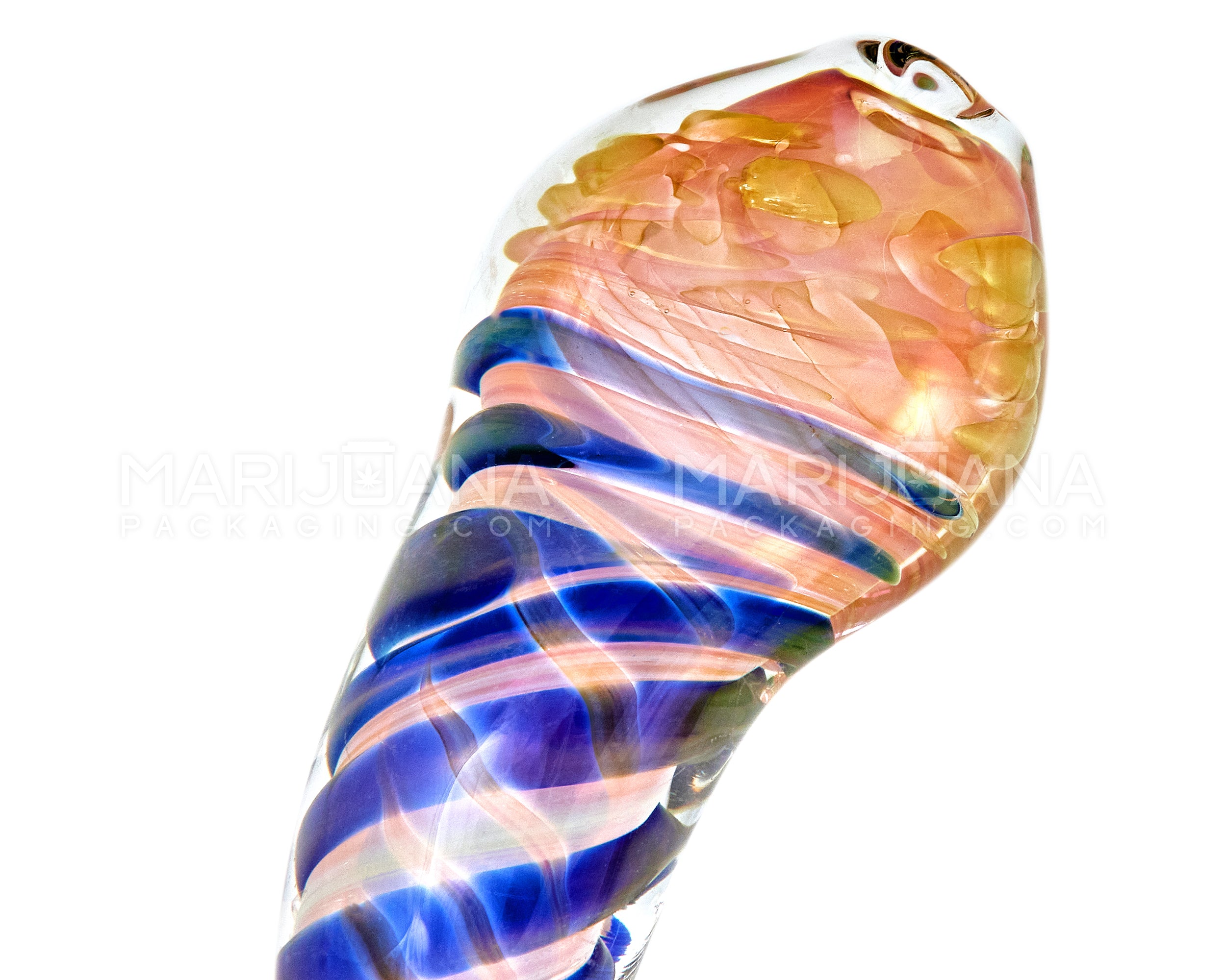Flat Mouth Spiral & Pink Fumed Bubbler w/ Bubble Trap | 7in Tall - Glass - Pink & Blue - 6