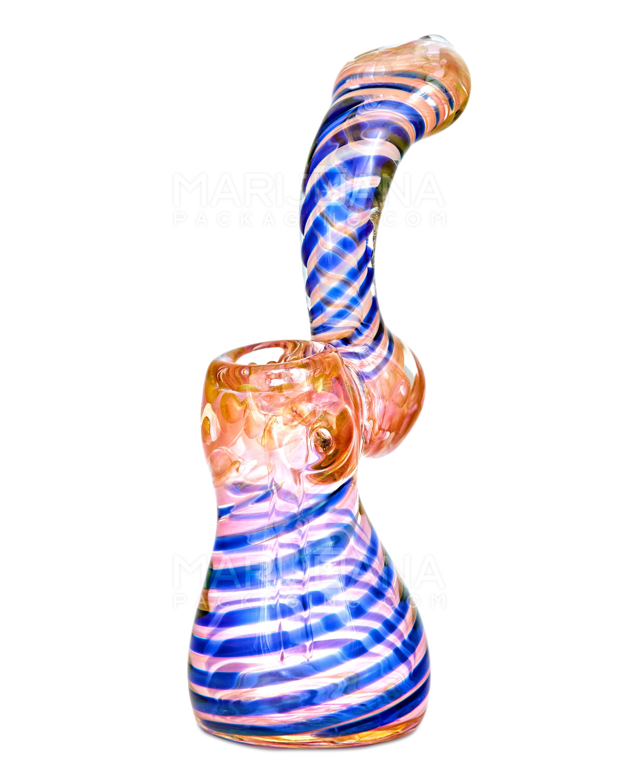 Flat Mouth Spiral & Pink Fumed Bubbler w/ Bubble Trap | 7in Tall - Glass - Pink & Blue - 2