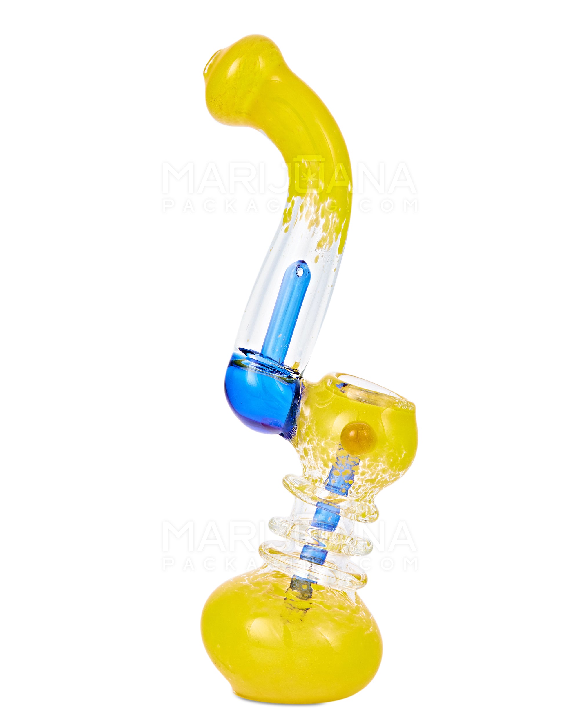 Frit Glass Ringed Bubbler w/ Diffused Perc | 7in Tall - Glass - Yellow & Blue - 1
