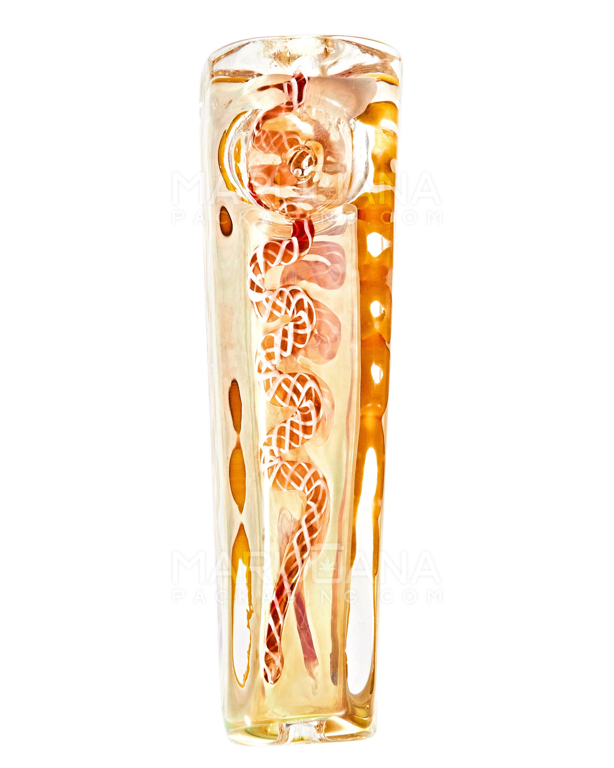 Ribboned & Gold Fumed Rectangle Steamroller Hand Pipe w/ Swirls | 3in Long - Glass - Assorted - 2