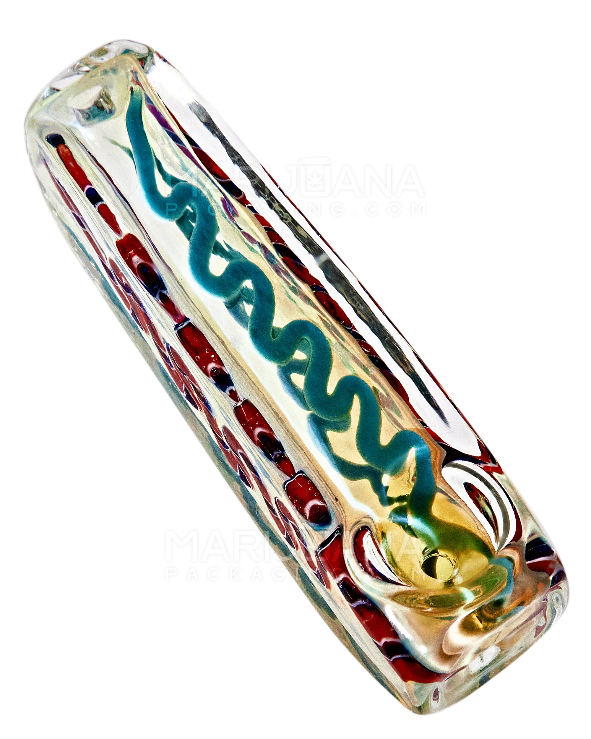 Ribboned & Gold Fumed Rectangle Steamroller Hand Pipe w/ Swirls | 3in Long - Glass - Assorted - 8