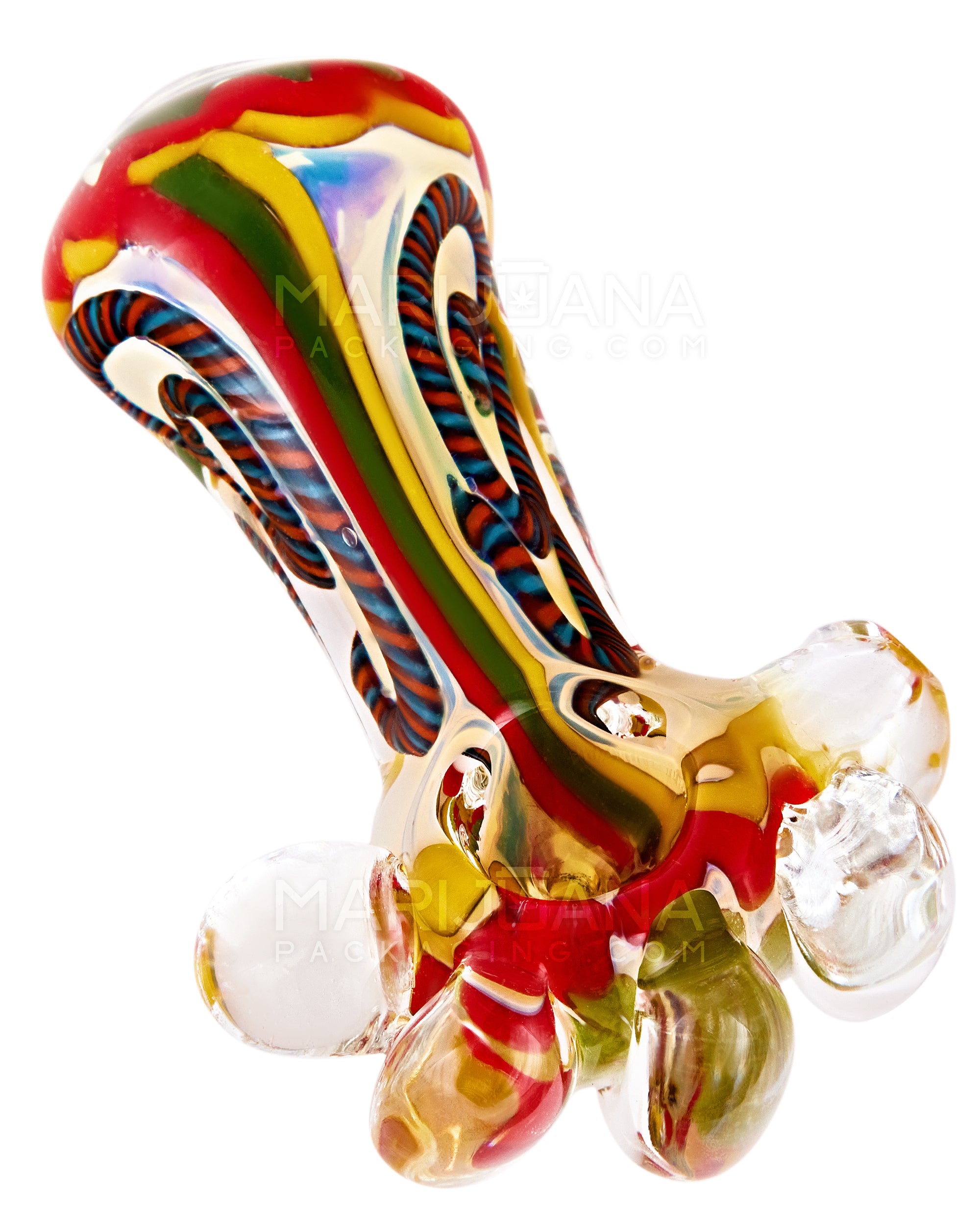 Double Blown | Ribboned & Gold Fumed Ringed Spoon Hand Pipe w/ Stripes & Triple Knockers | 4.5in Long - Glass - Assorted - 1