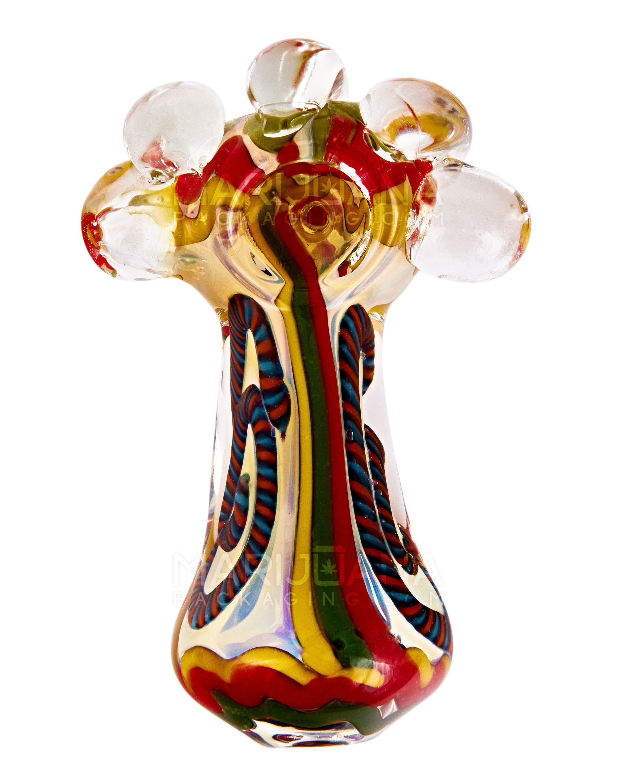 Double Blown | Ribboned & Gold Fumed Ringed Spoon Hand Pipe w/ Stripes & Triple Knockers | 4.5in Long - Glass - Assorted - 2