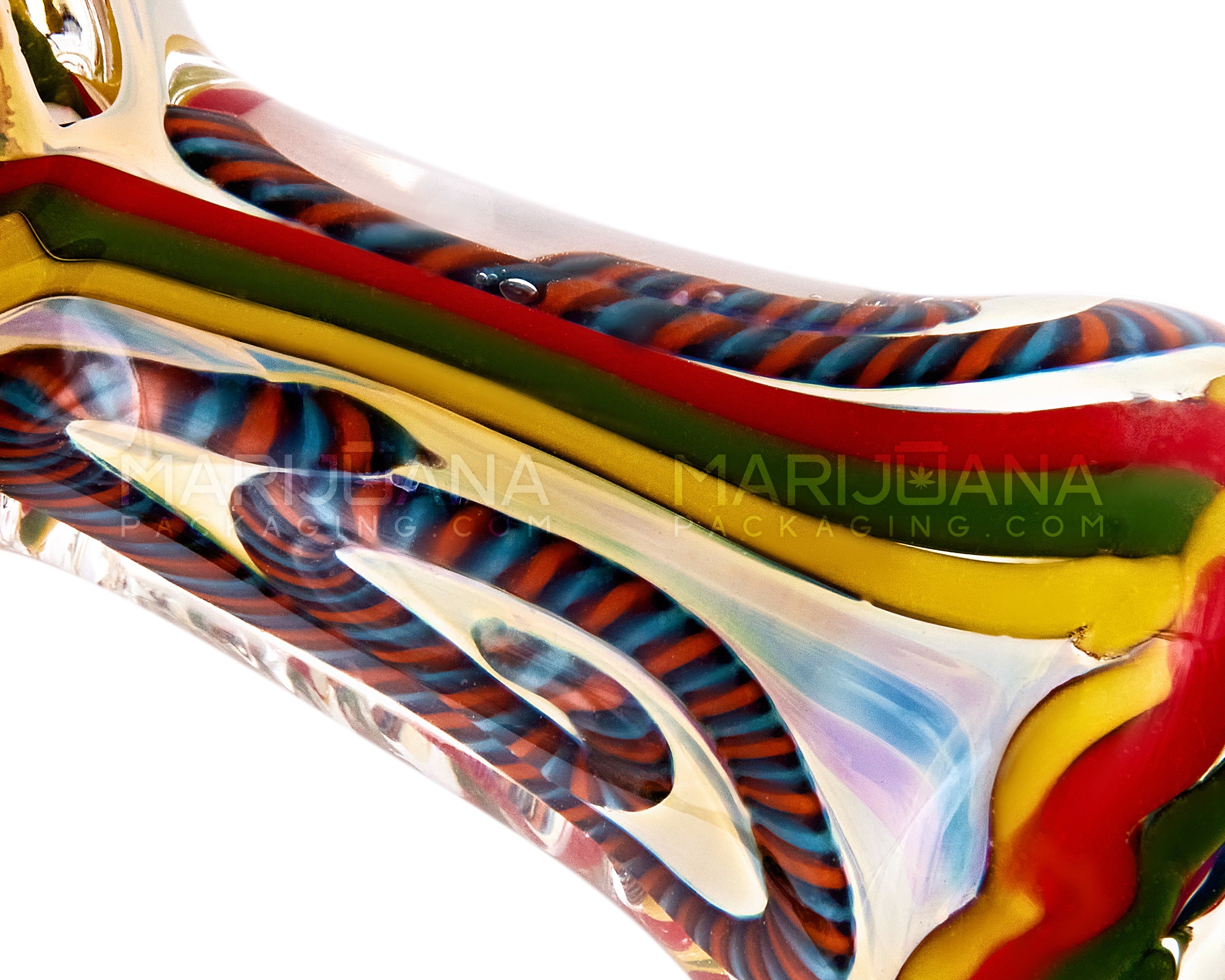 Double Blown | Ribboned & Gold Fumed Ringed Spoon Hand Pipe w/ Stripes & Triple Knockers | 4.5in Long - Glass - Assorted - 3