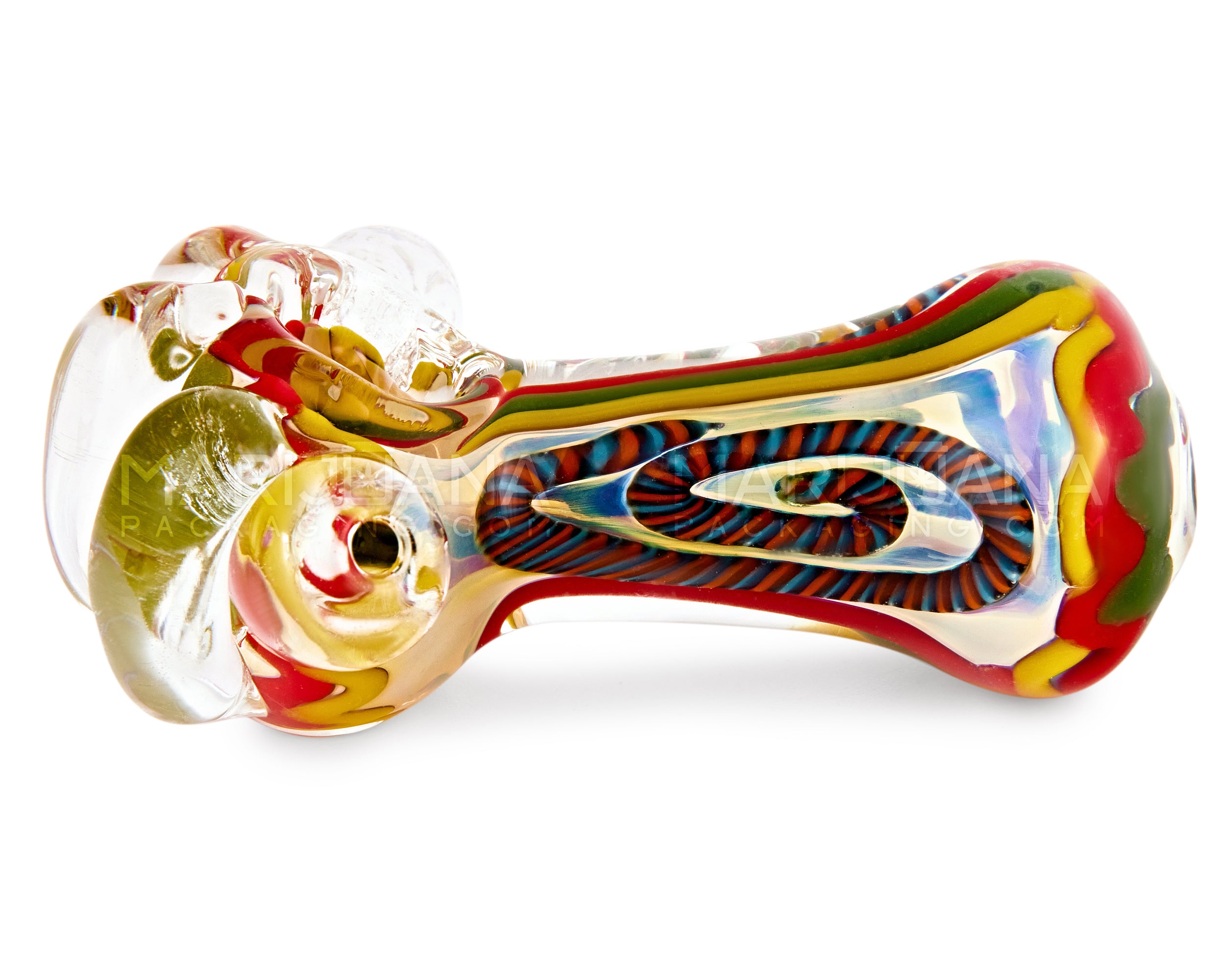 Double Blown | Ribboned & Gold Fumed Ringed Spoon Hand Pipe w/ Stripes & Triple Knockers | 4.5in Long - Glass - Assorted - 5